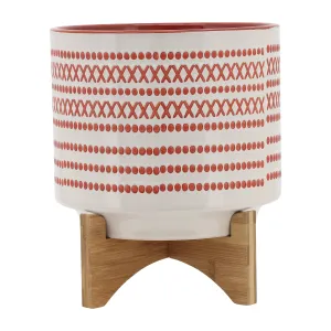 10" AZTEC PLANTER W/ WOOD STAND, ORANGE