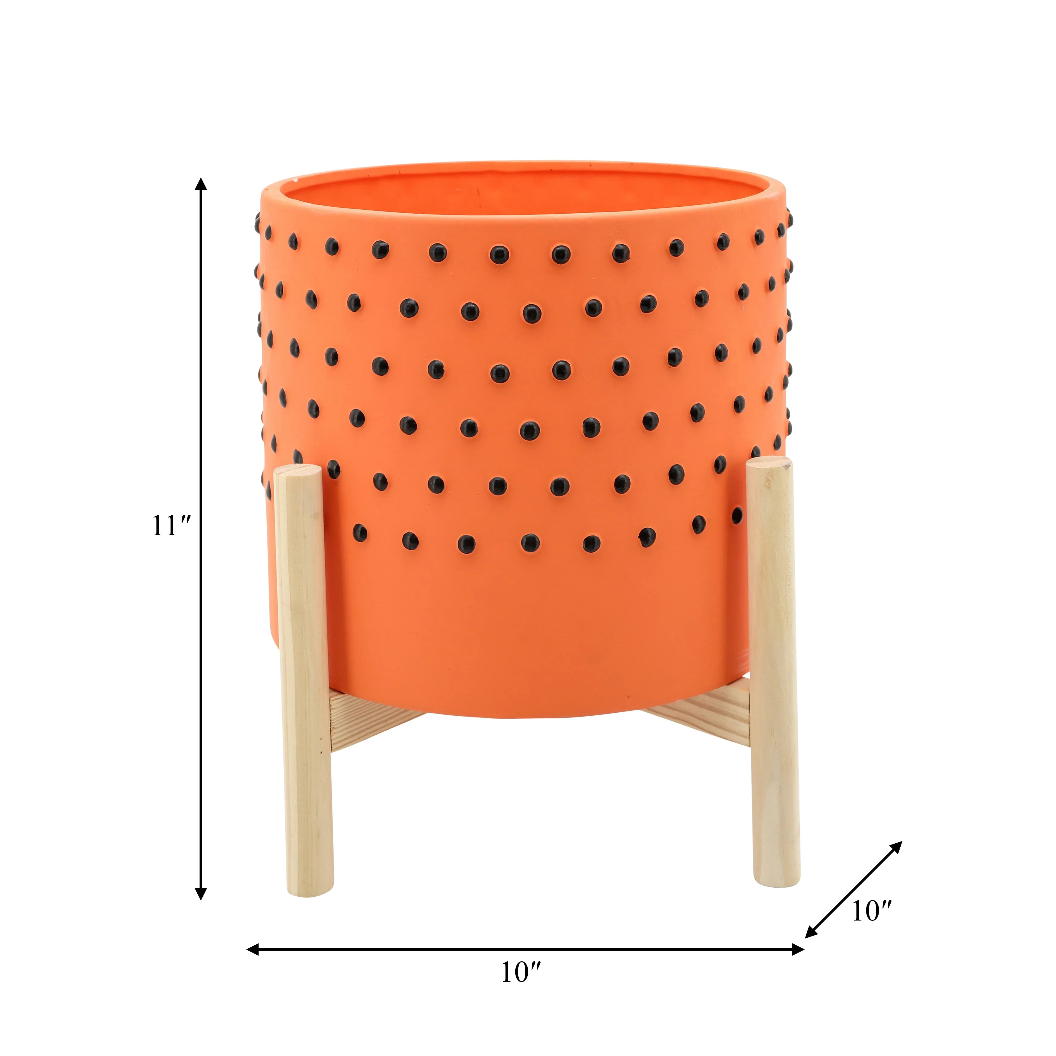 10" DOTTED PLANTER W/ WOOD STAND, ORANGE
