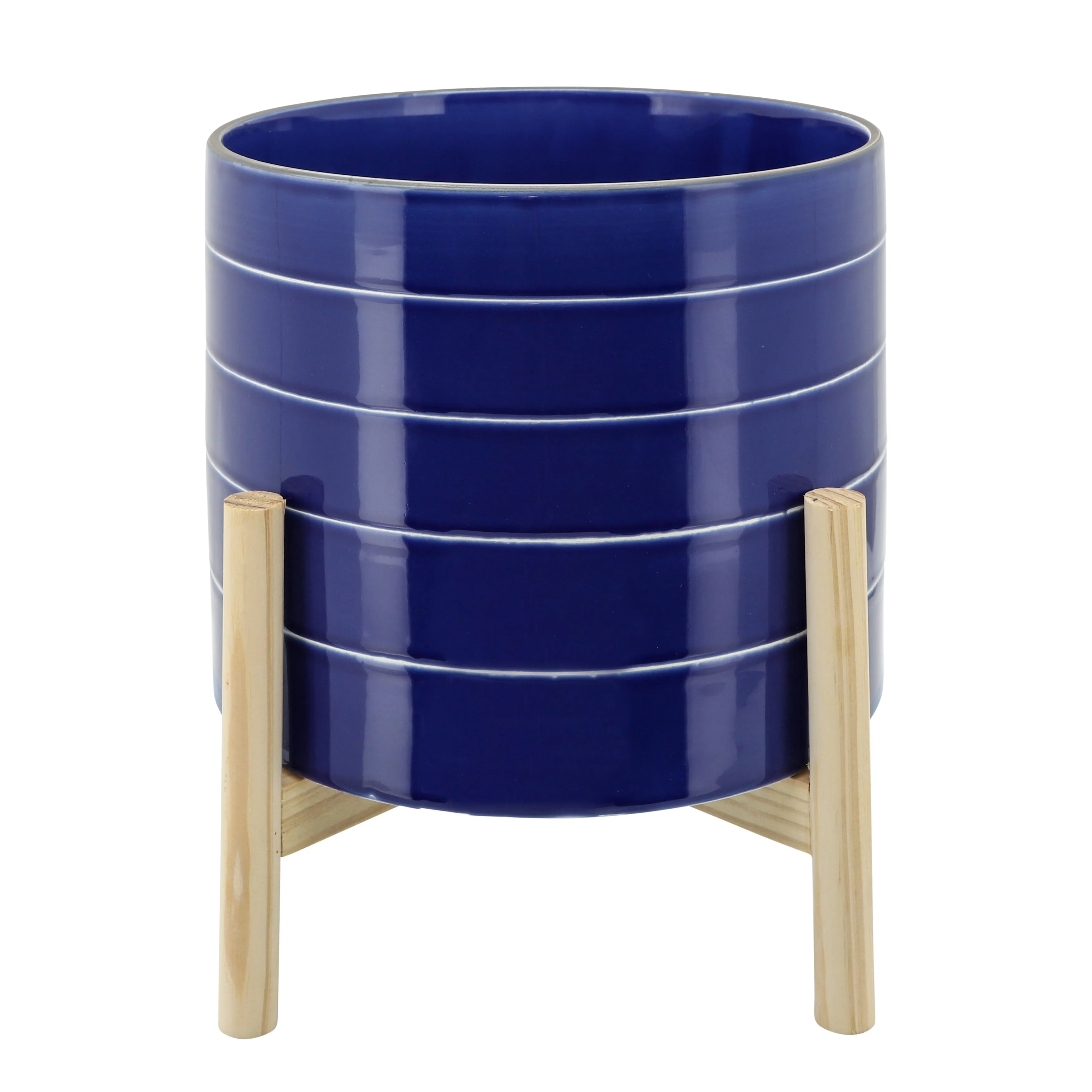 10" STRIPED PLANTER W/ WOOD STAND, NAVY