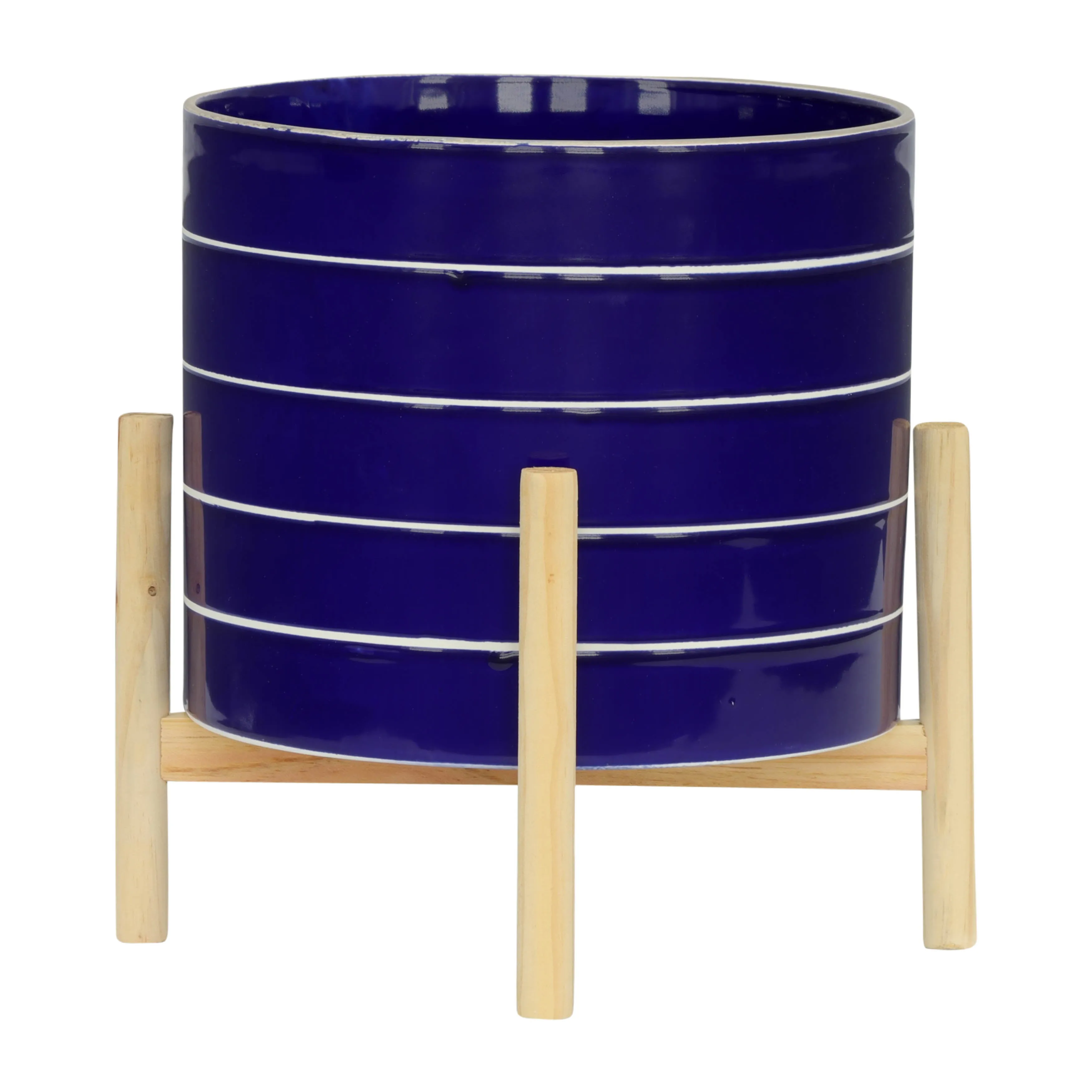 10" STRIPED PLANTER W/ WOOD STAND, NAVY