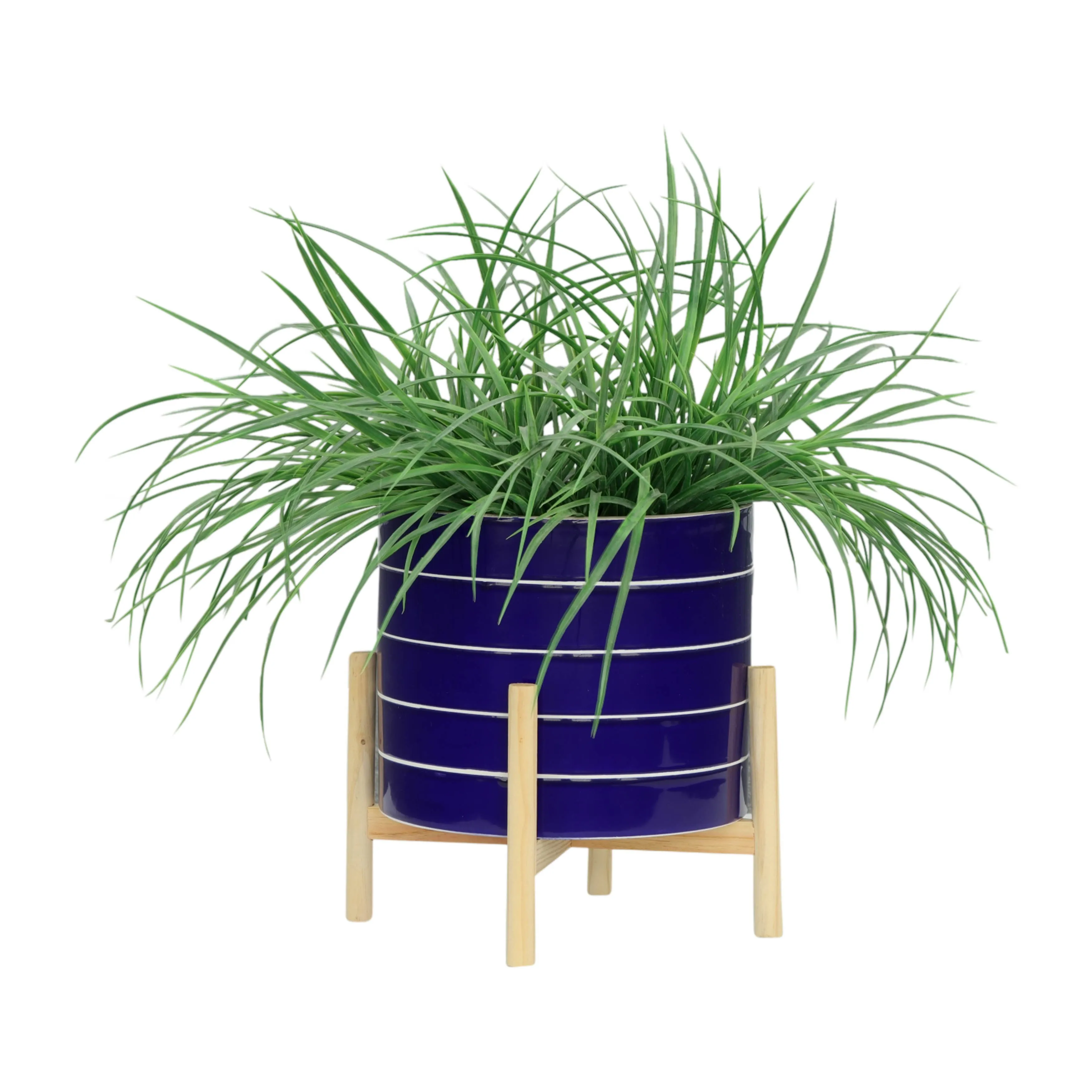 10" STRIPED PLANTER W/ WOOD STAND, NAVY