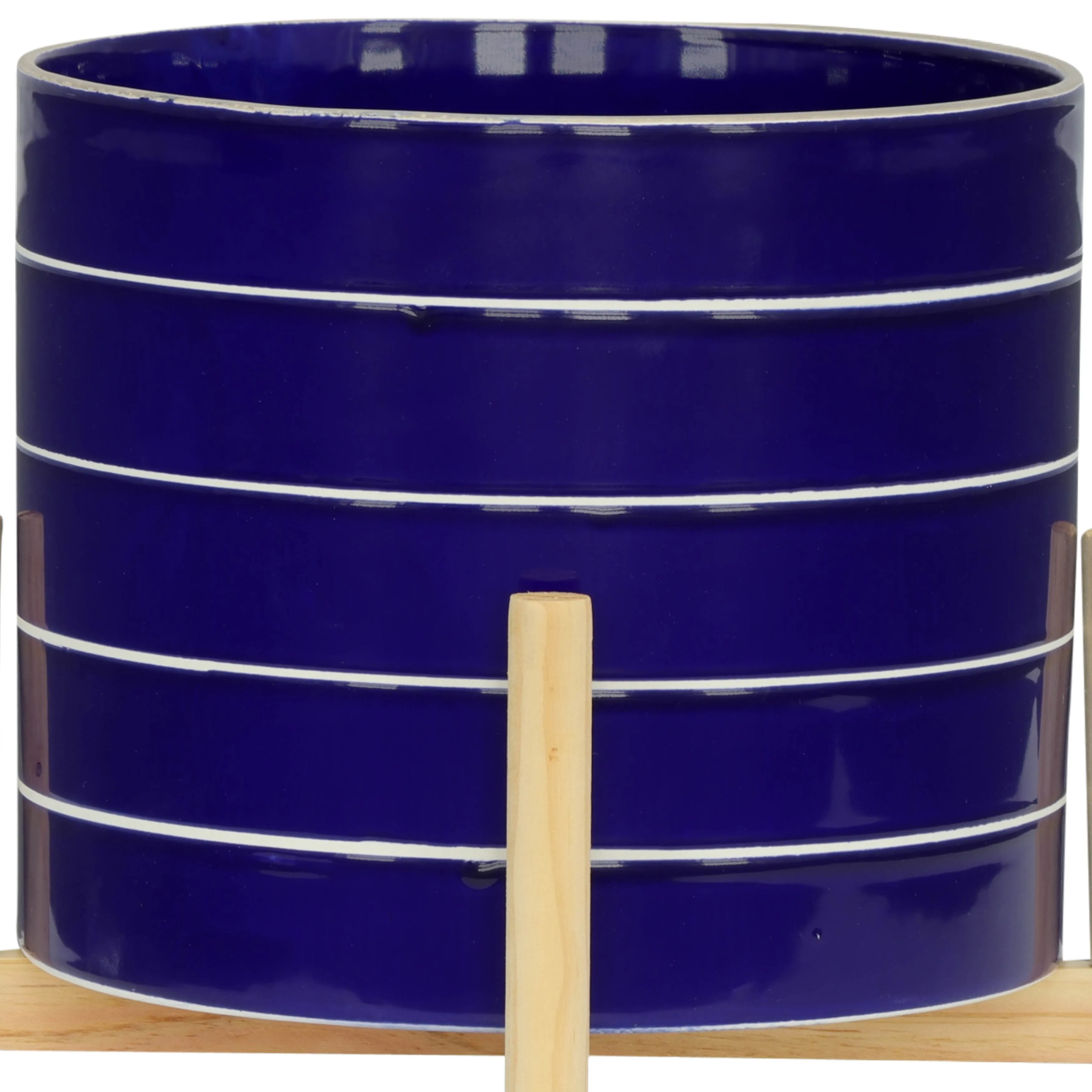 10" STRIPED PLANTER W/ WOOD STAND, NAVY