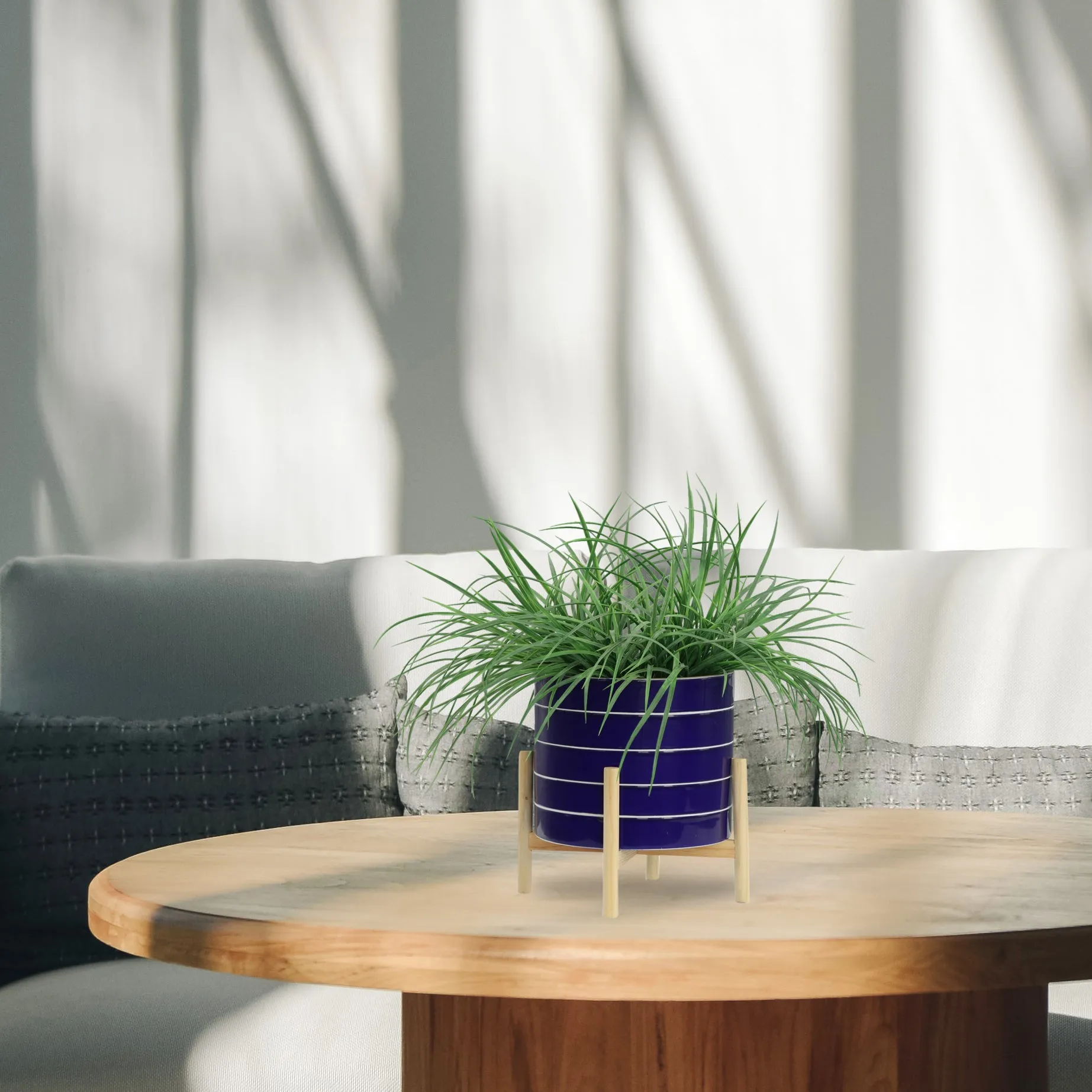10" STRIPED PLANTER W/ WOOD STAND, NAVY