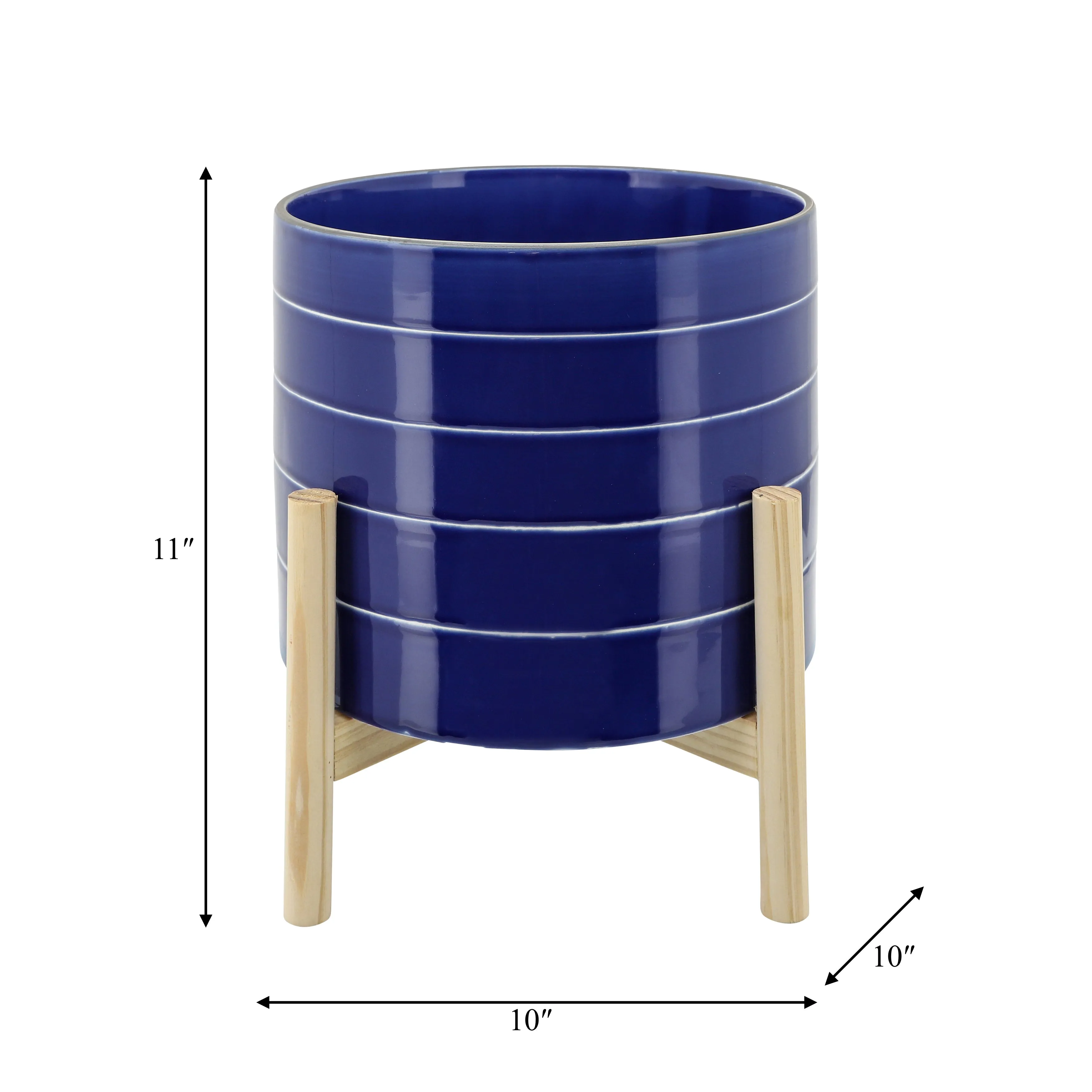10" STRIPED PLANTER W/ WOOD STAND, NAVY