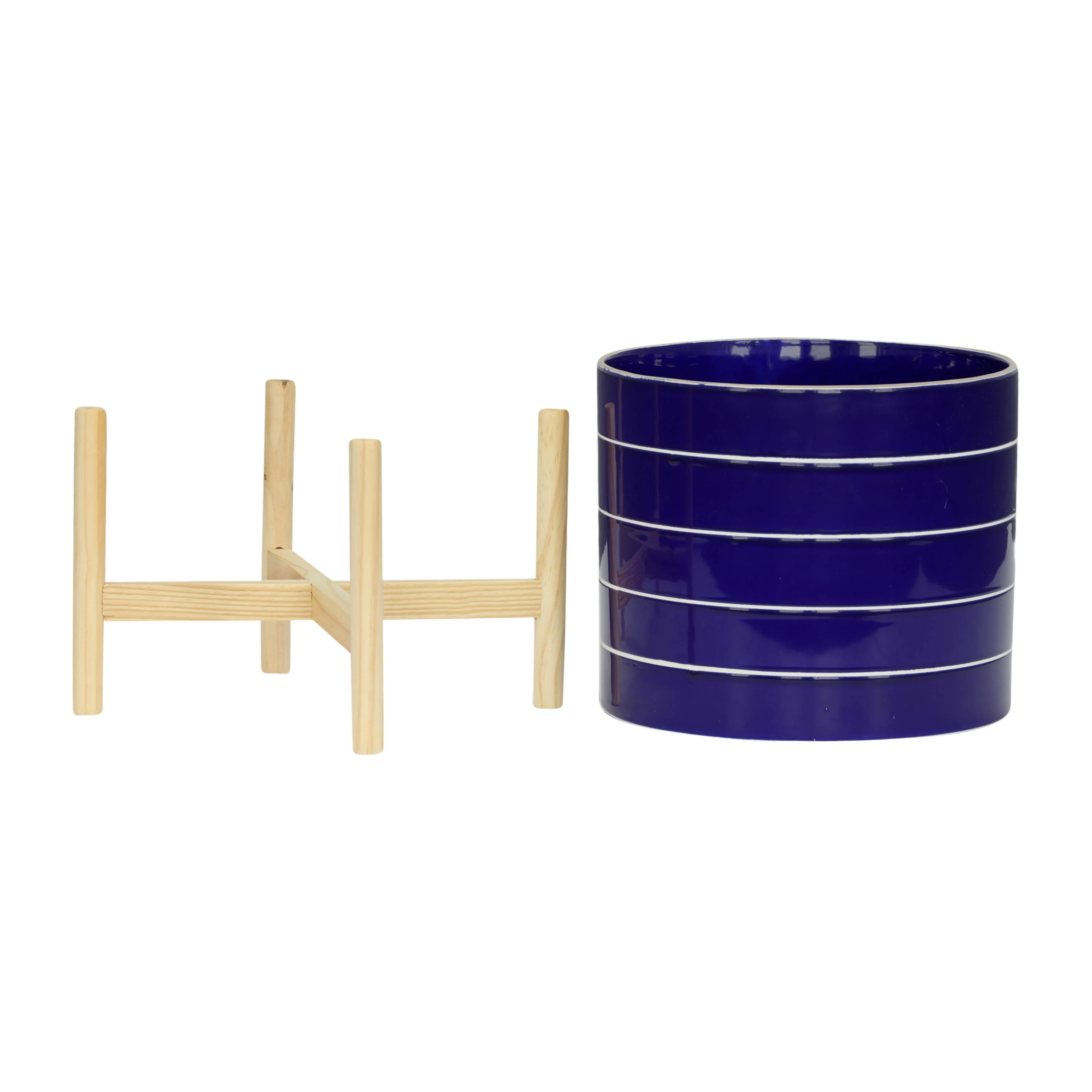 10" STRIPED PLANTER W/ WOOD STAND, NAVY