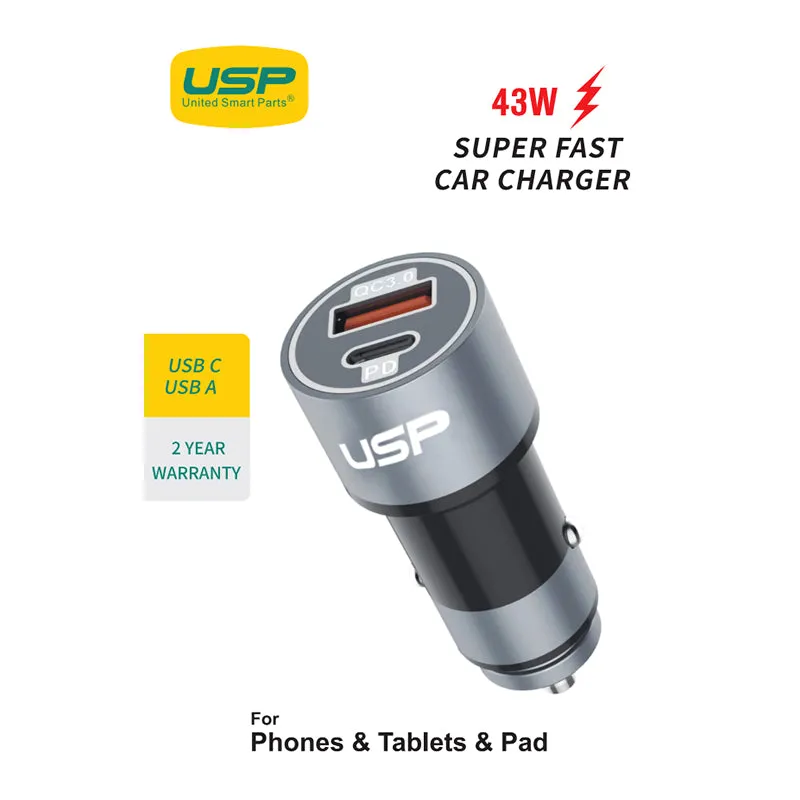 43W Usb A   Type C Fast Car Charger Usp Reliable Charging Compact Charger