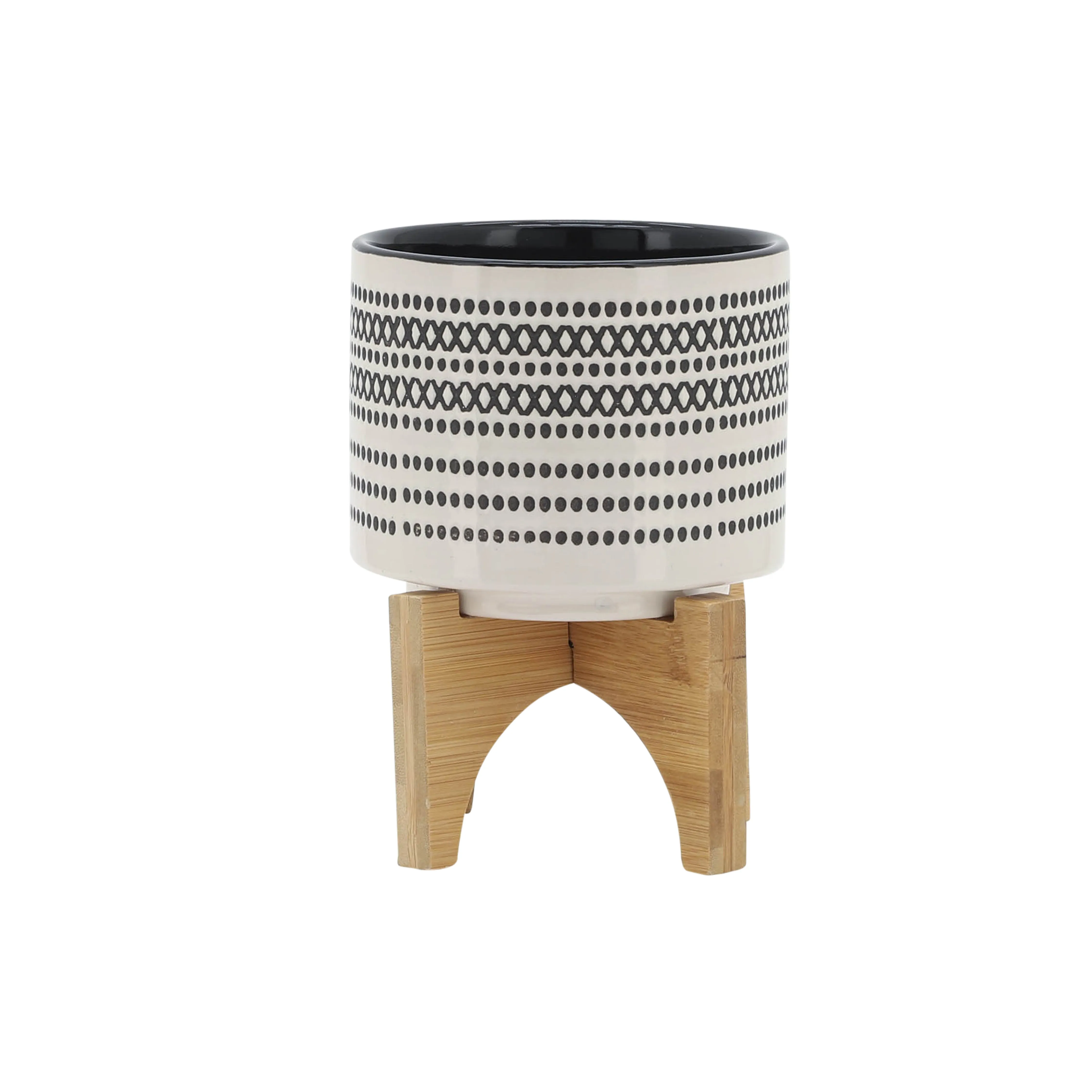 5" AZTEC PLANTER W/ WOOD STAND, GRAY