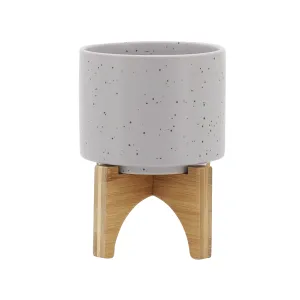 5" PLANTER W/ WOOD STAND, MATTE BEIGE