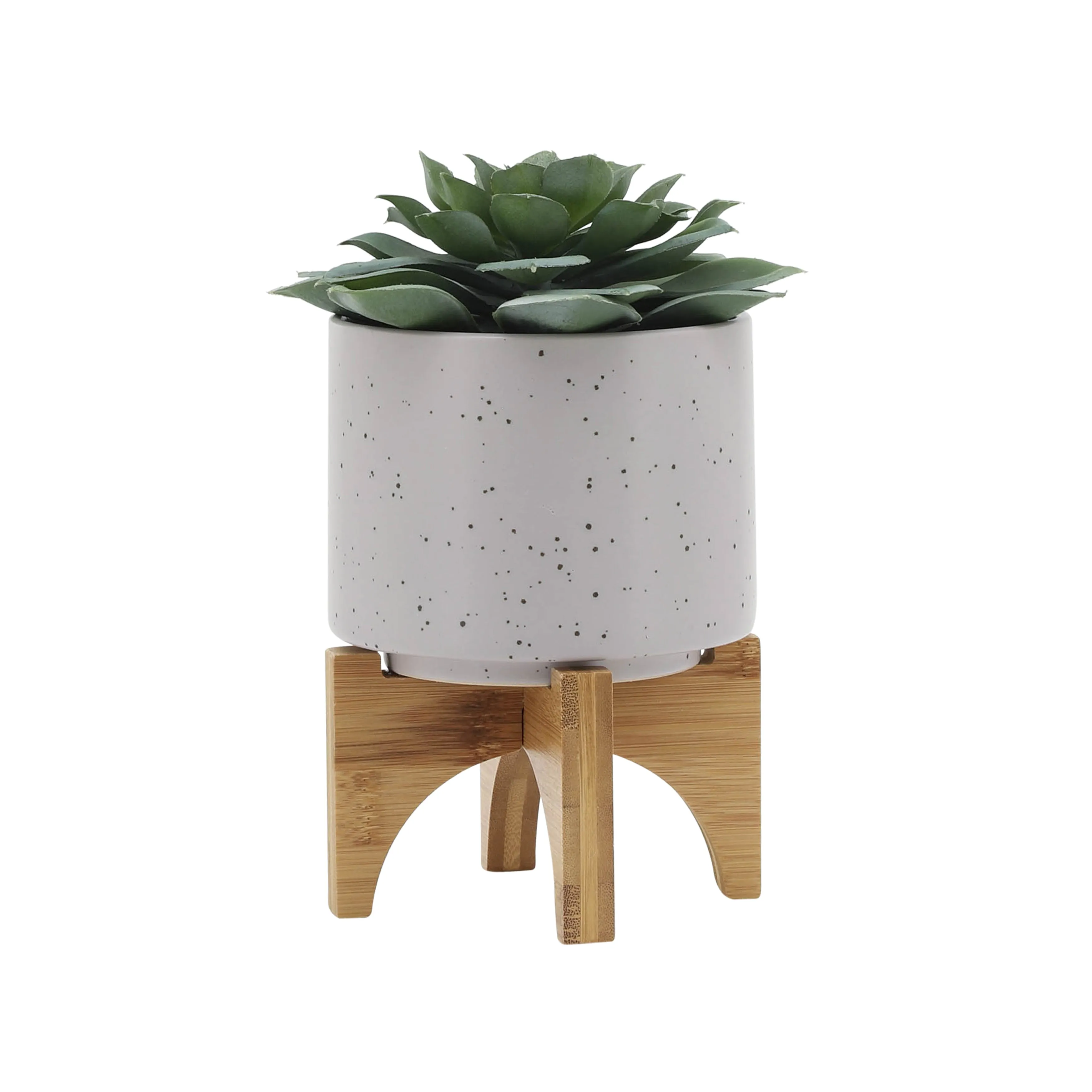 5" PLANTER W/ WOOD STAND, MATTE BEIGE