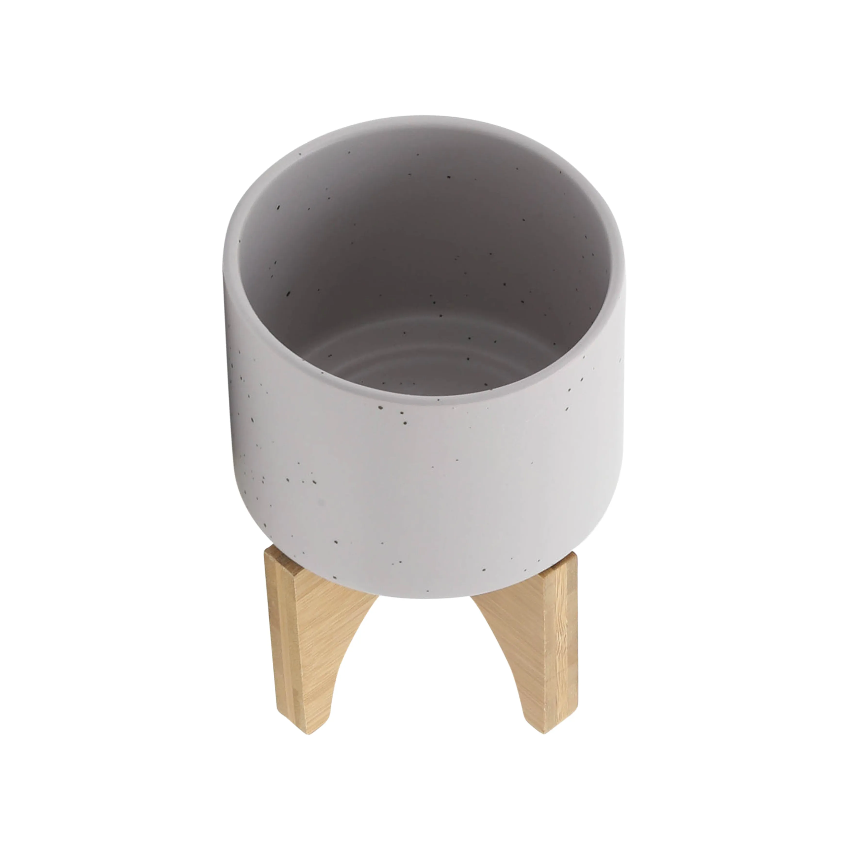 5" PLANTER W/ WOOD STAND, MATTE BEIGE