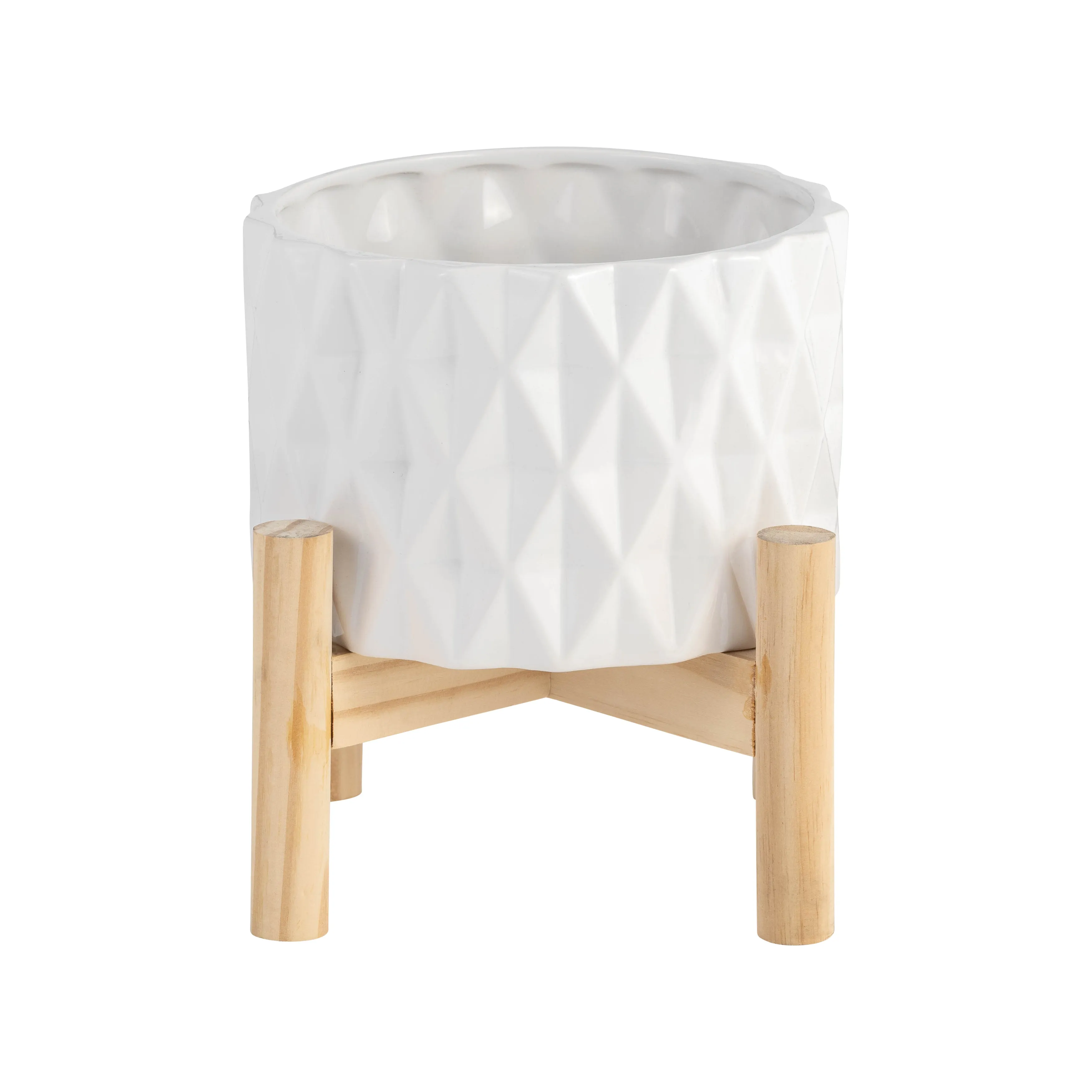 6" CERAMIC DIAMOND PLANTER W/ WOOD STAND, WHITE
