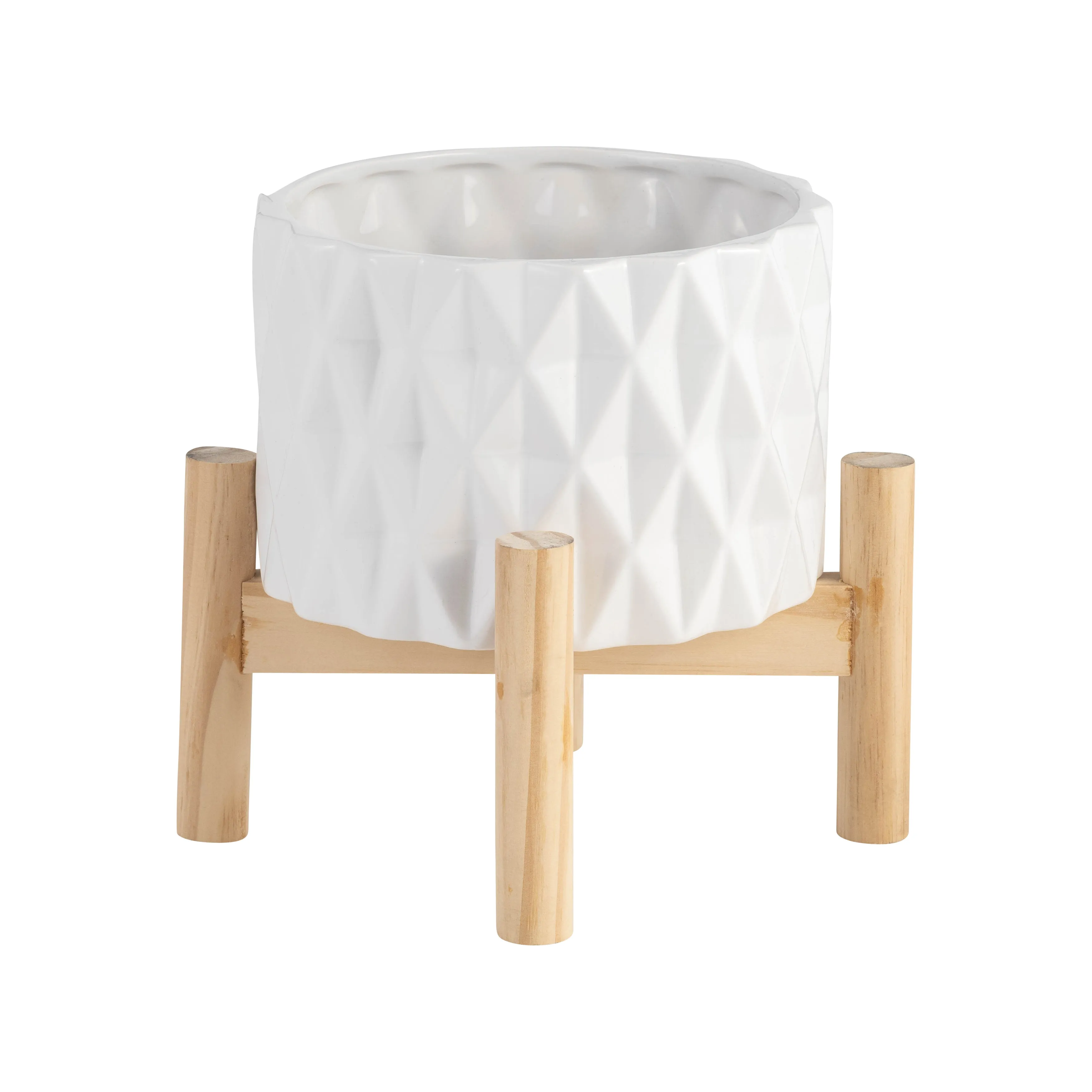 6" CERAMIC DIAMOND PLANTER W/ WOOD STAND, WHITE