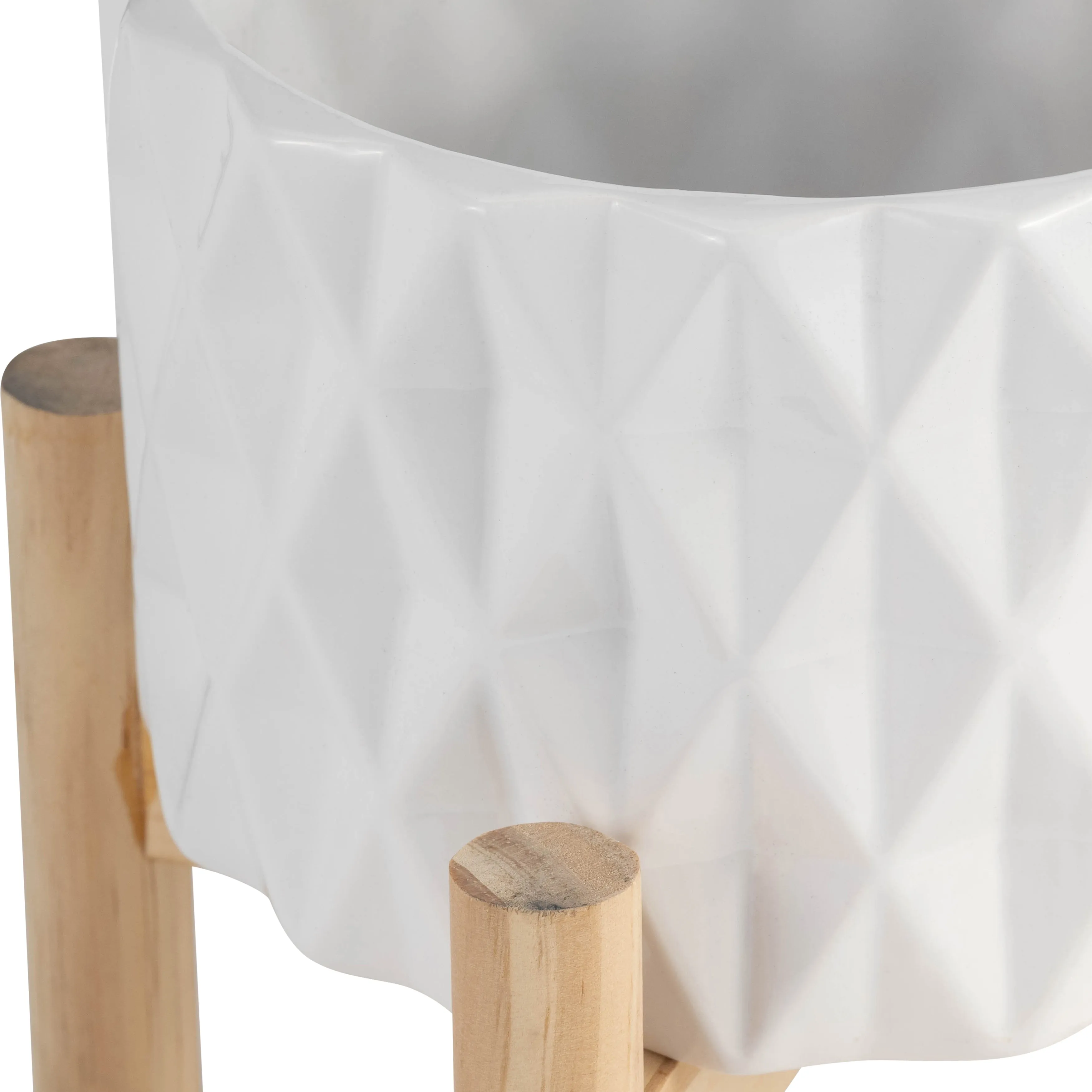6" CERAMIC DIAMOND PLANTER W/ WOOD STAND, WHITE