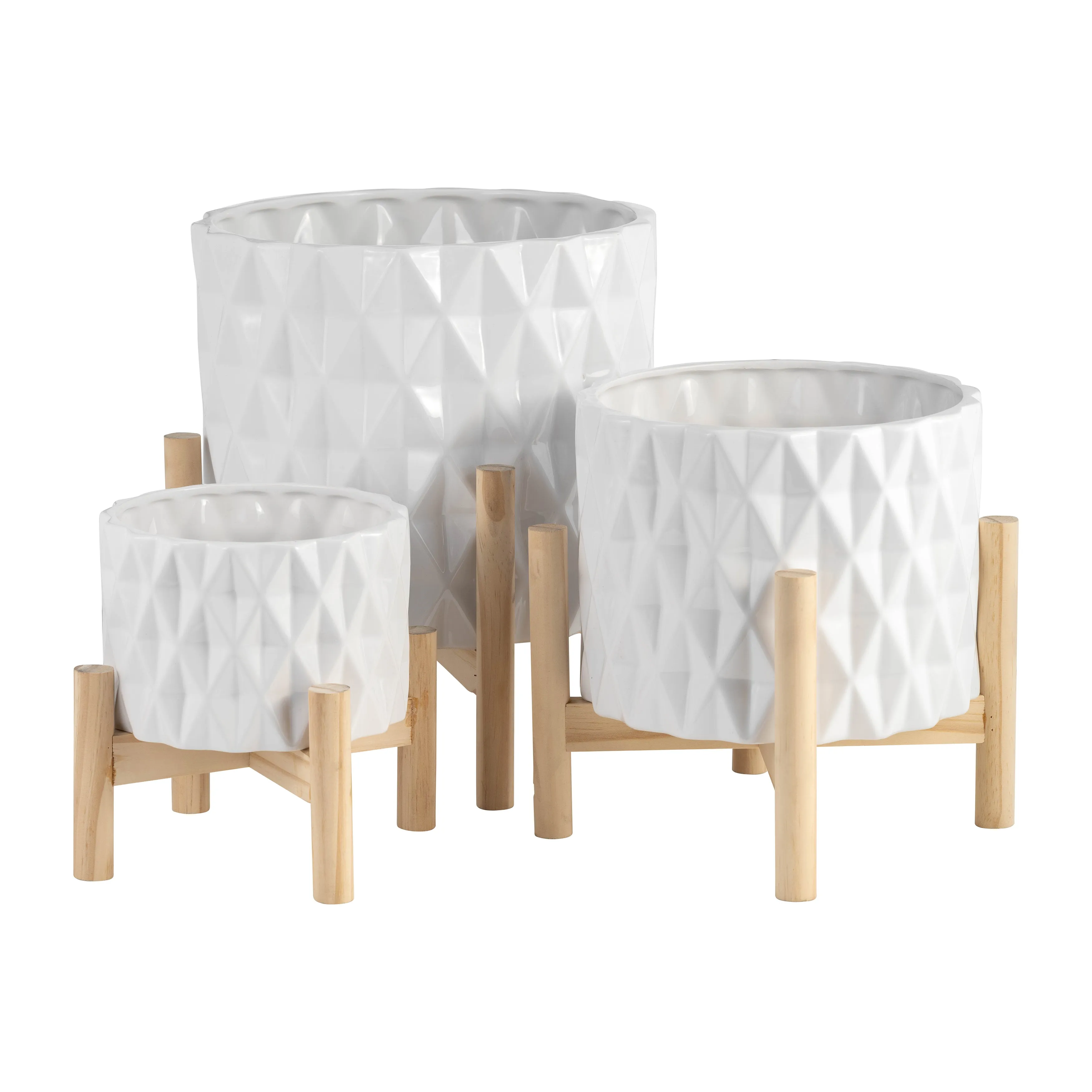 6" CERAMIC DIAMOND PLANTER W/ WOOD STAND, WHITE
