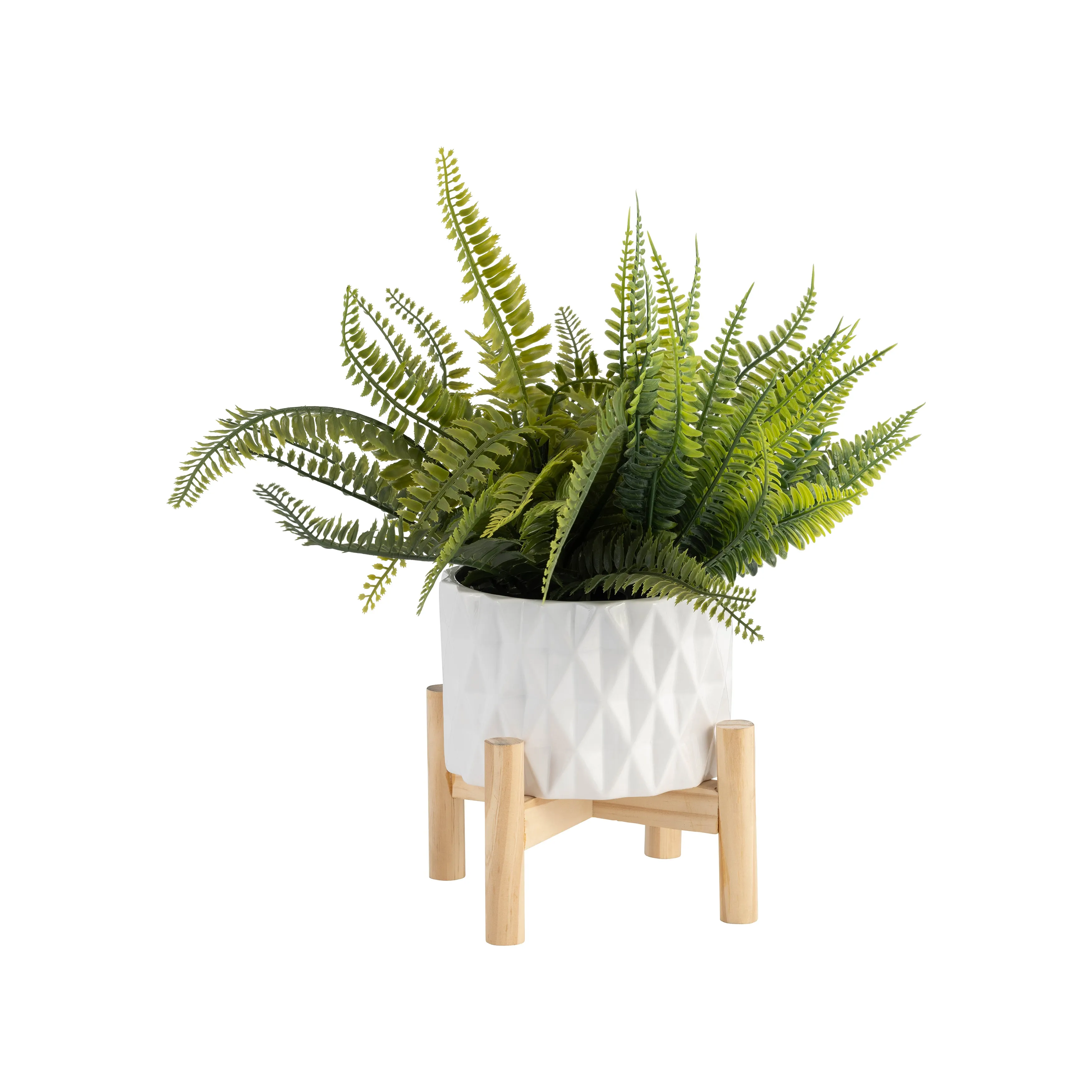 6" CERAMIC DIAMOND PLANTER W/ WOOD STAND, WHITE