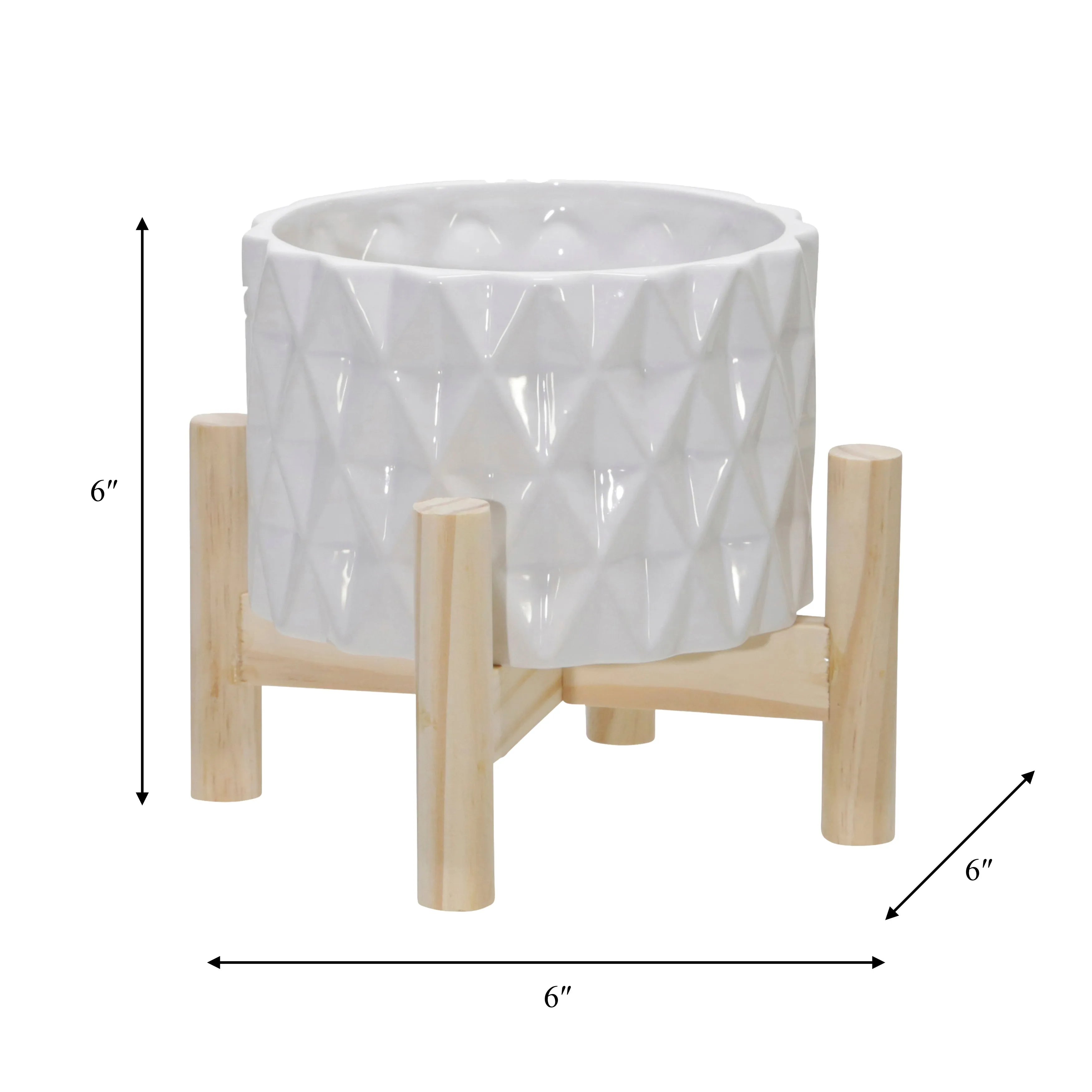 6" CERAMIC DIAMOND PLANTER W/ WOOD STAND, WHITE