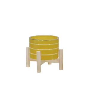 6" CERAMIC STRIPED PLANTER W/ WOOD STAND, YELLOW