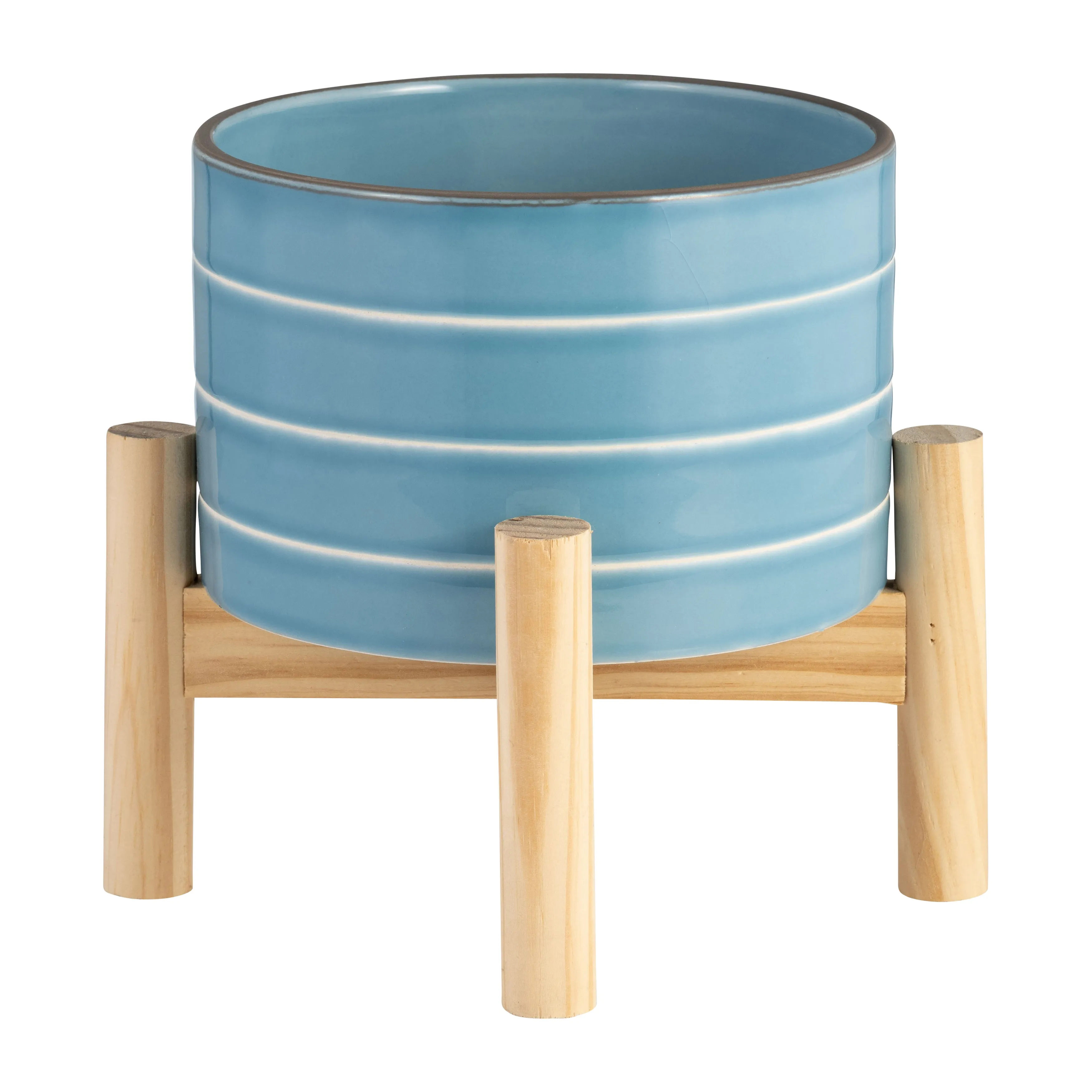 6" STRIPED PLANTER W/ WOOD STAND, SKYBLUE