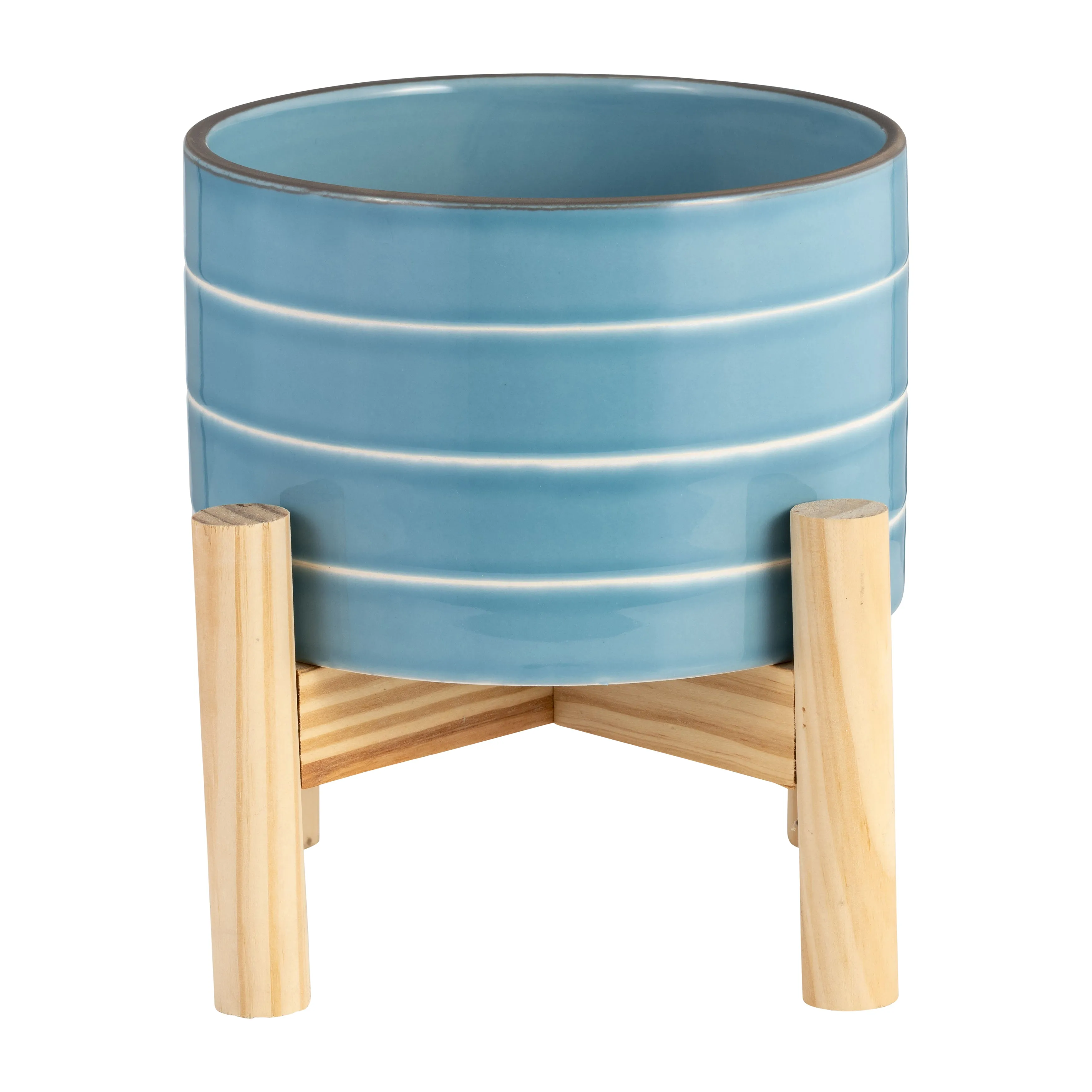6" STRIPED PLANTER W/ WOOD STAND, SKYBLUE