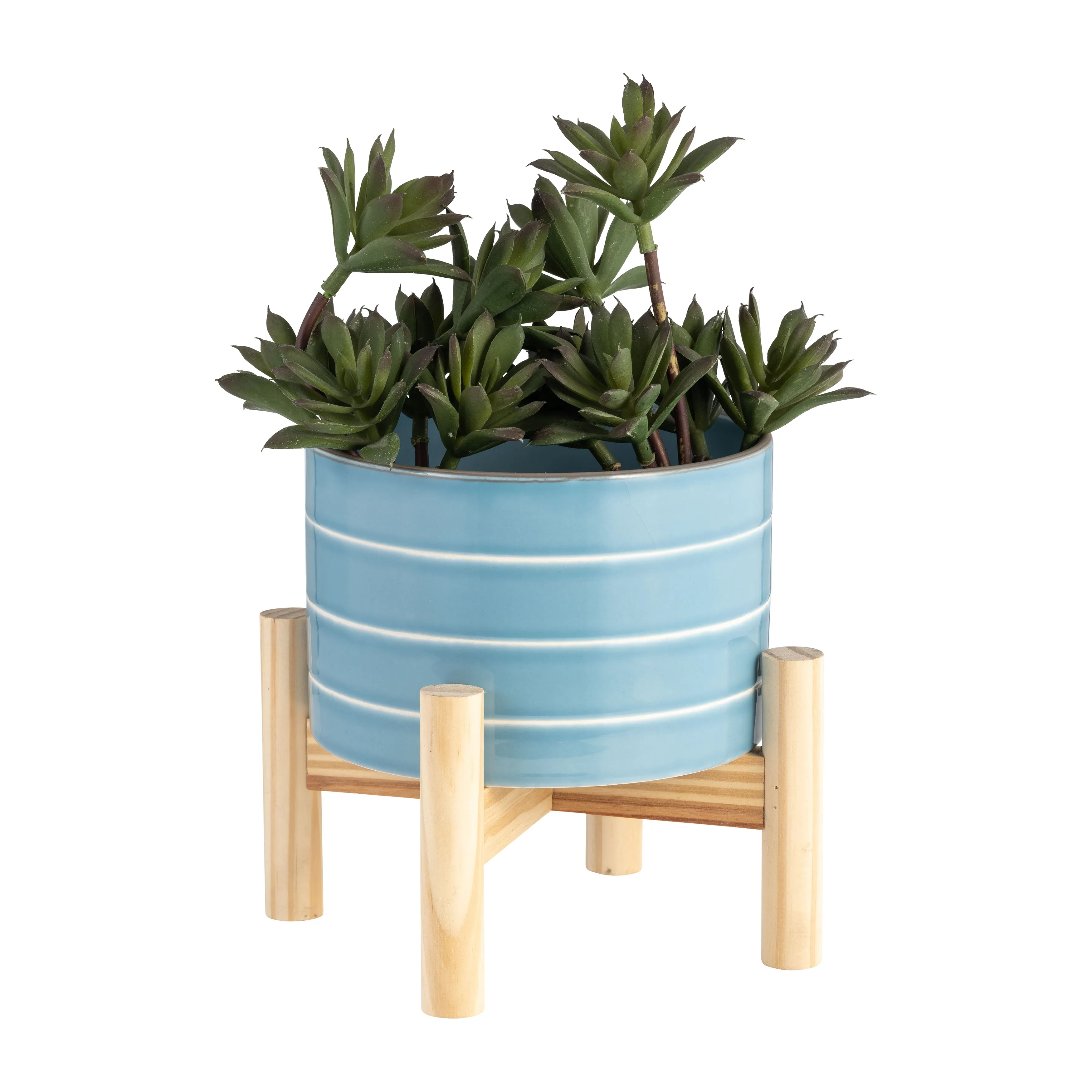 6" STRIPED PLANTER W/ WOOD STAND, SKYBLUE