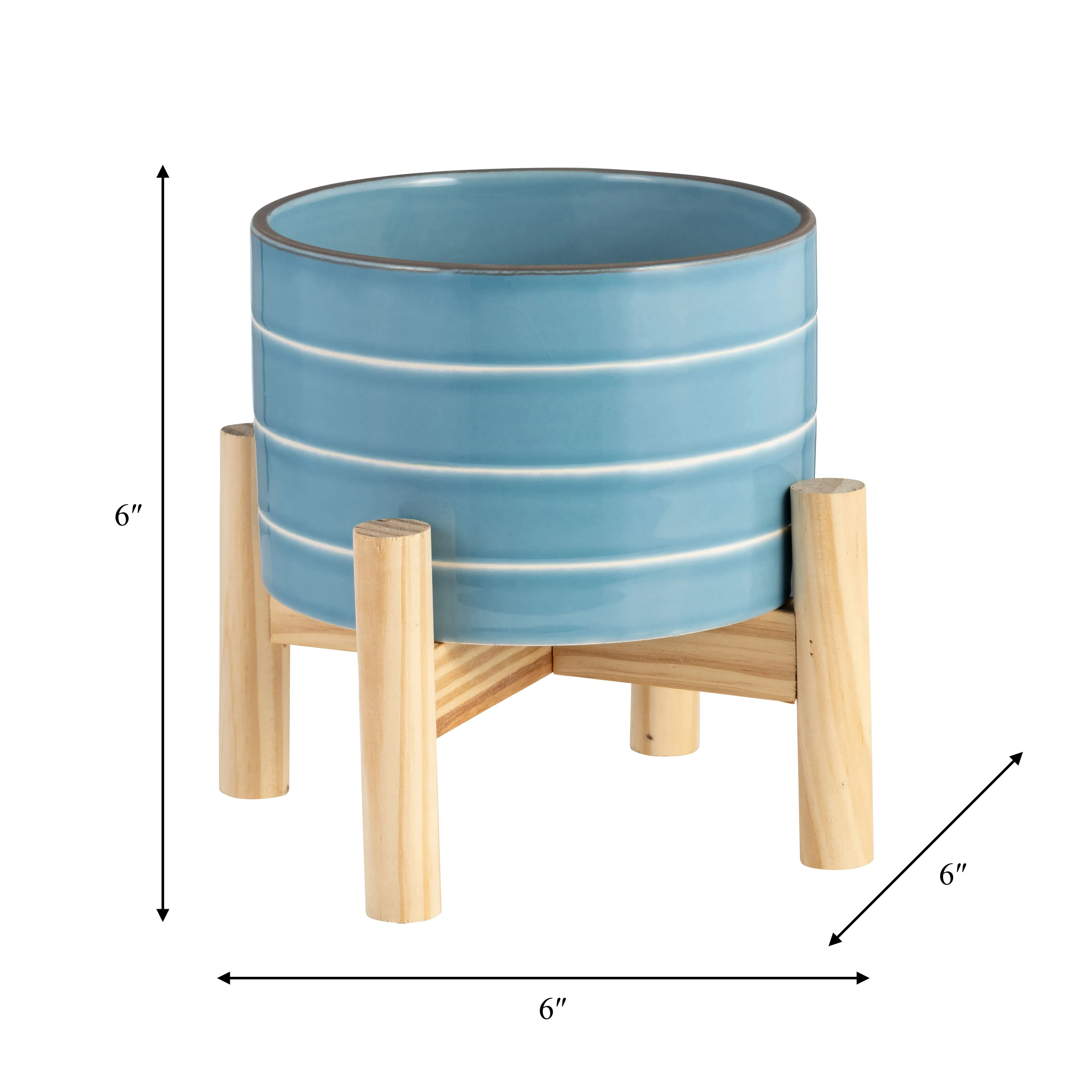 6" STRIPED PLANTER W/ WOOD STAND, SKYBLUE