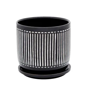 6" VERTICAL LINES PLANTER W/ SAUCER, BLACK