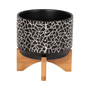 7" CRACKLED PLANTER W/ WOOD STAND, BLACK