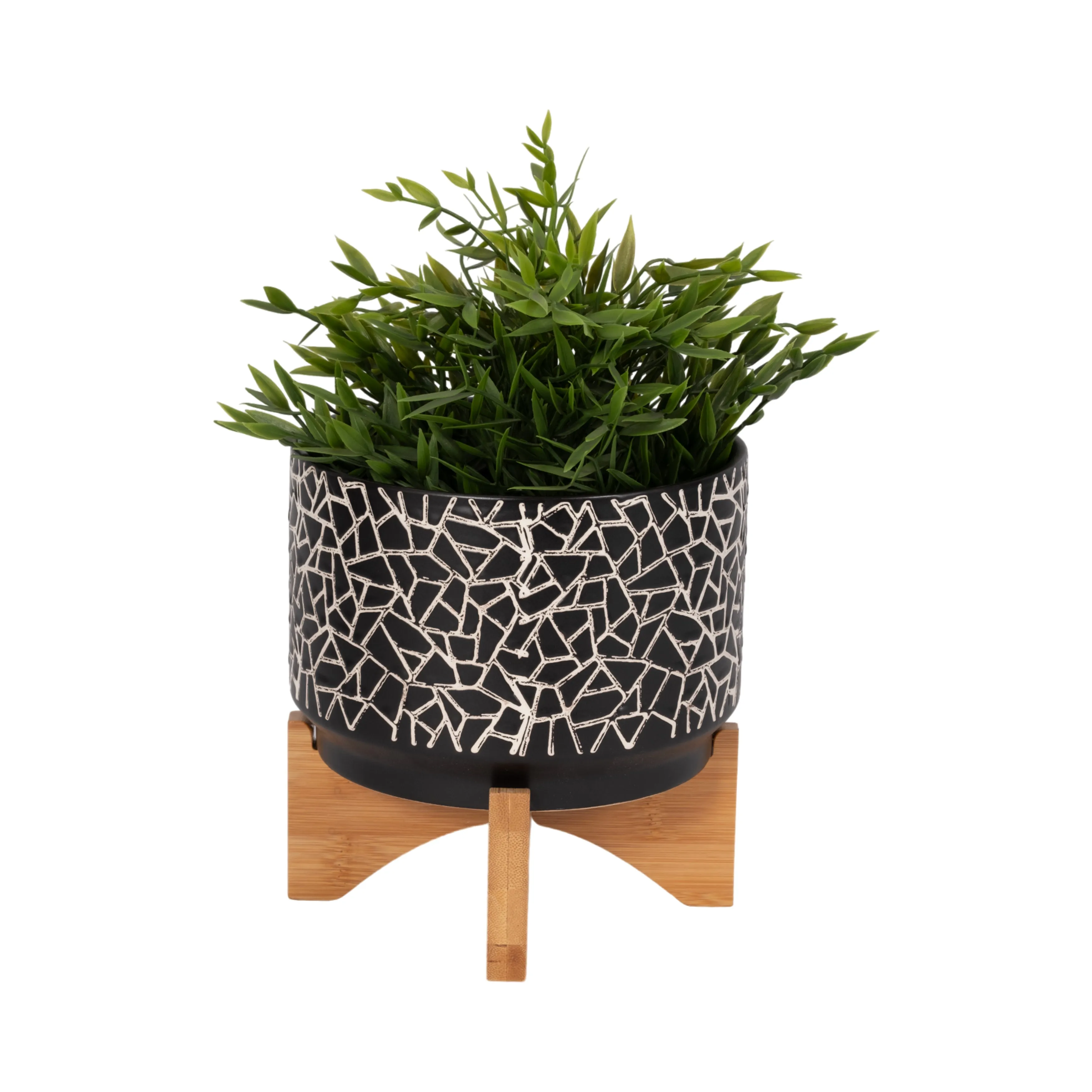 7" CRACKLED PLANTER W/ WOOD STAND, BLACK