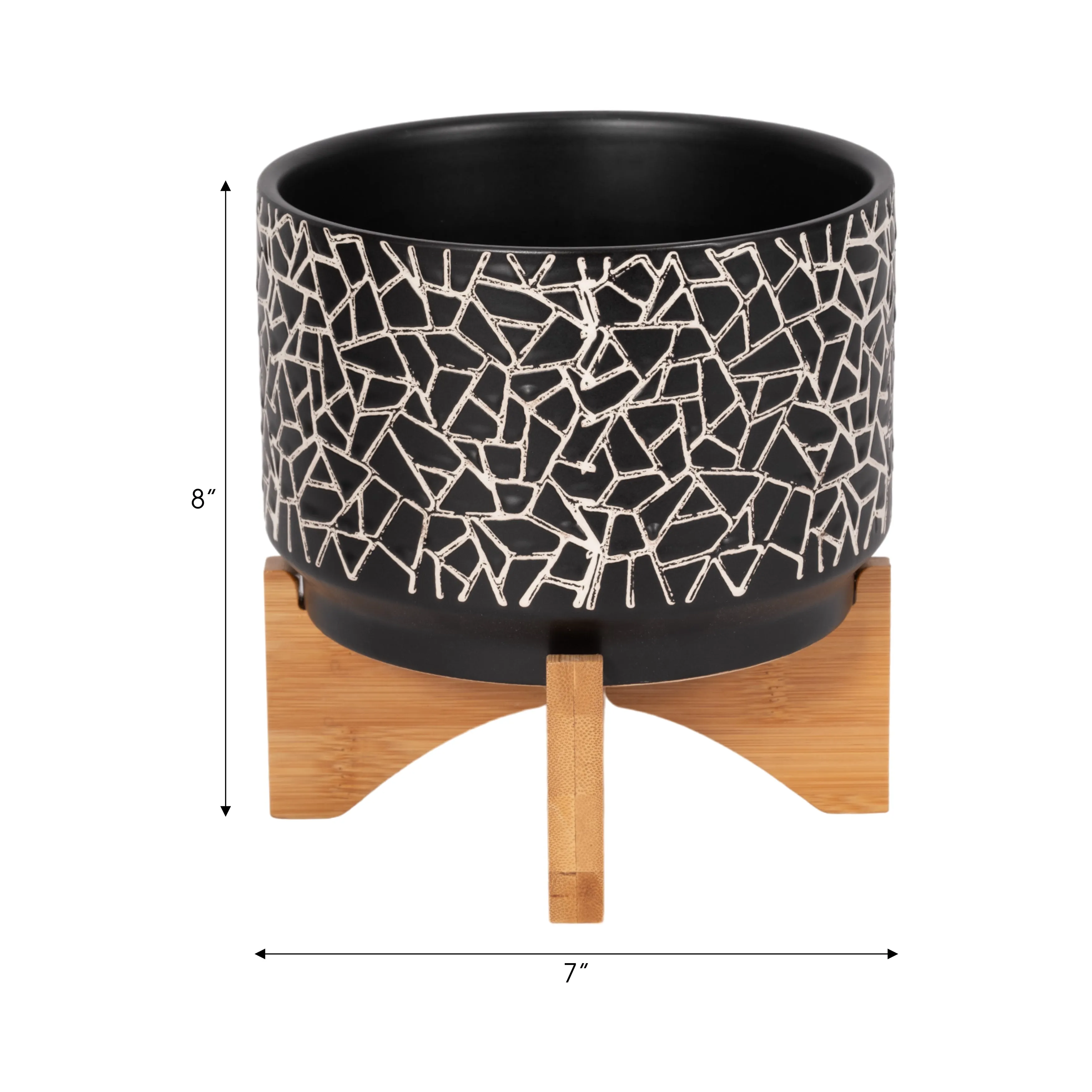 7" CRACKLED PLANTER W/ WOOD STAND, BLACK