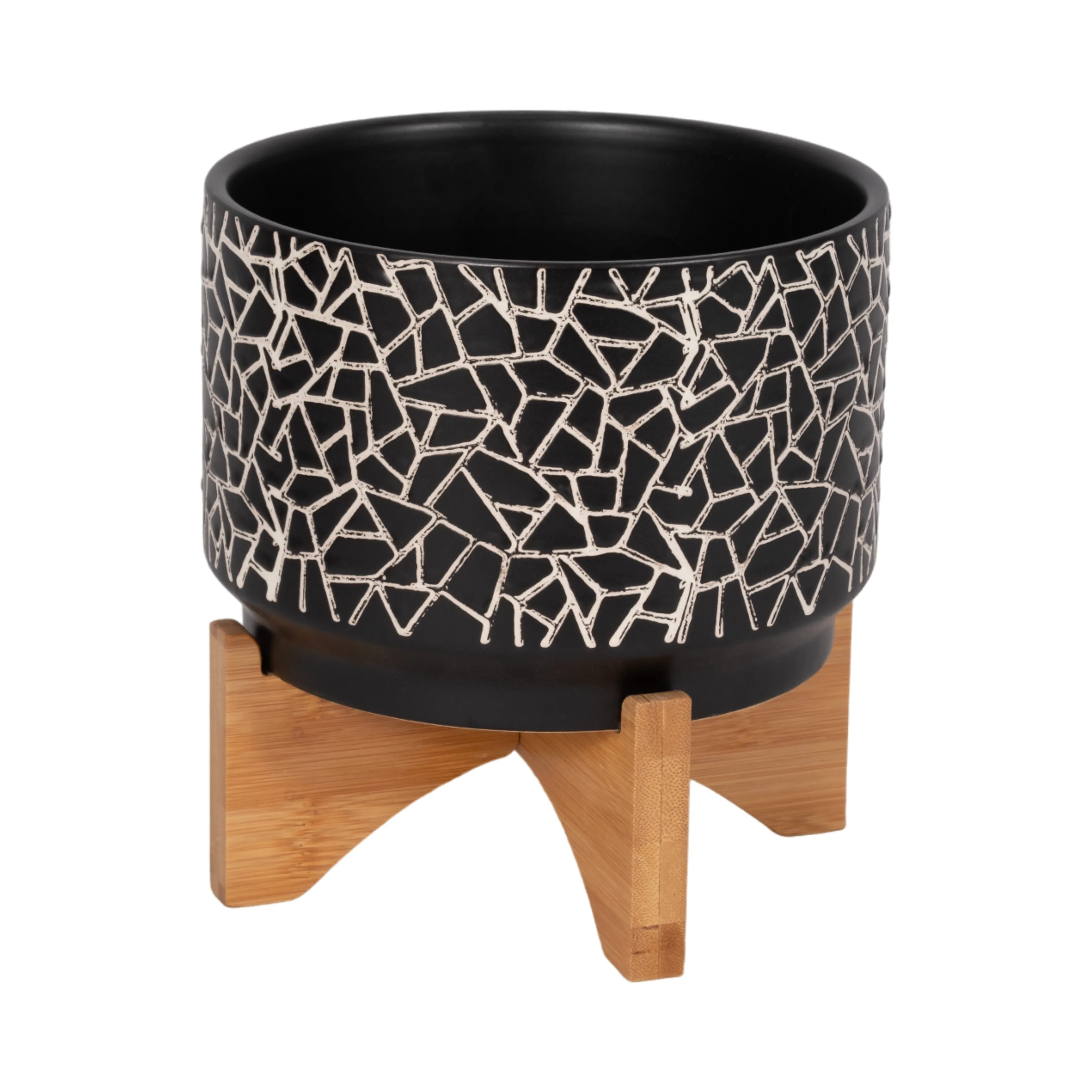 7" CRACKLED PLANTER W/ WOOD STAND, BLACK