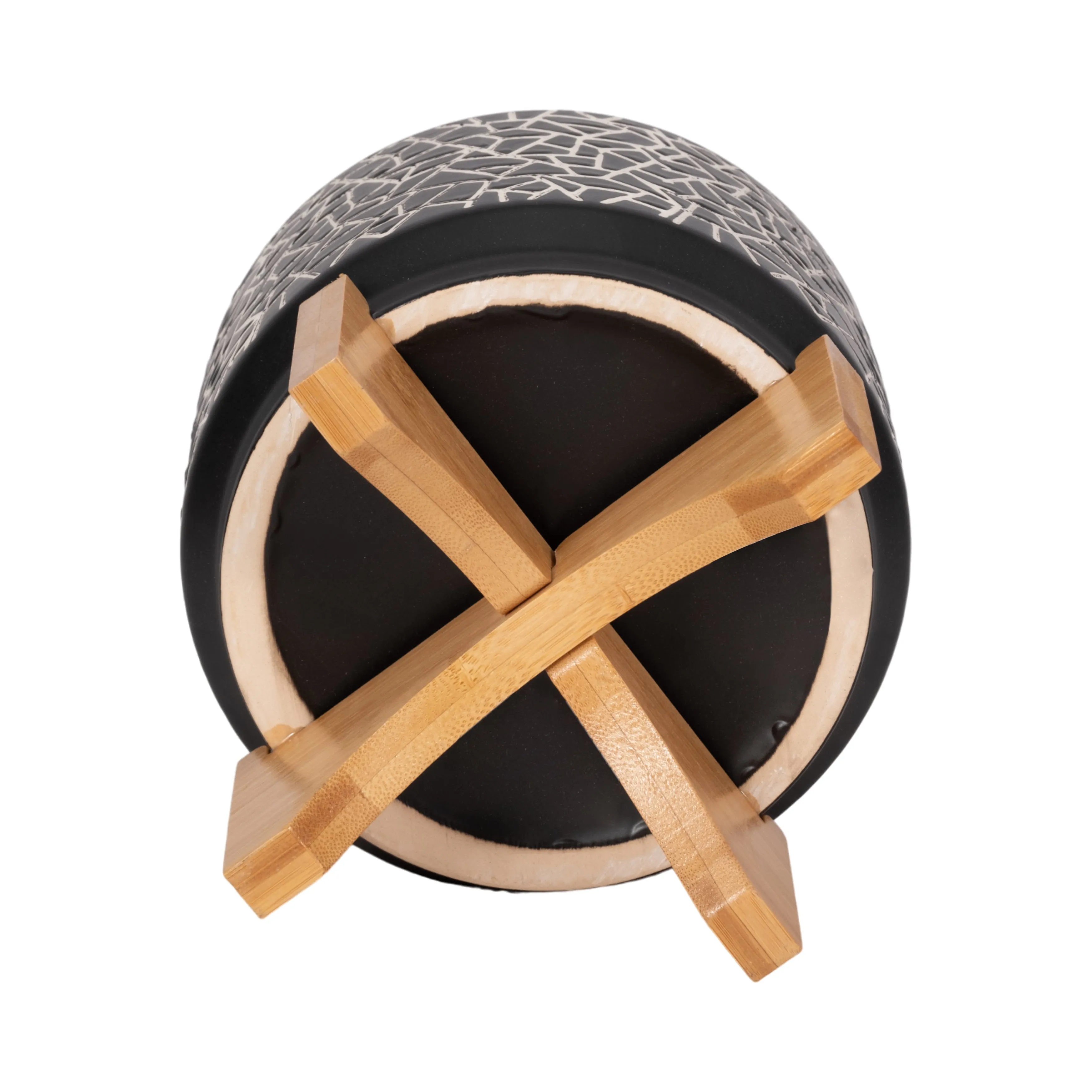 7" CRACKLED PLANTER W/ WOOD STAND, BLACK