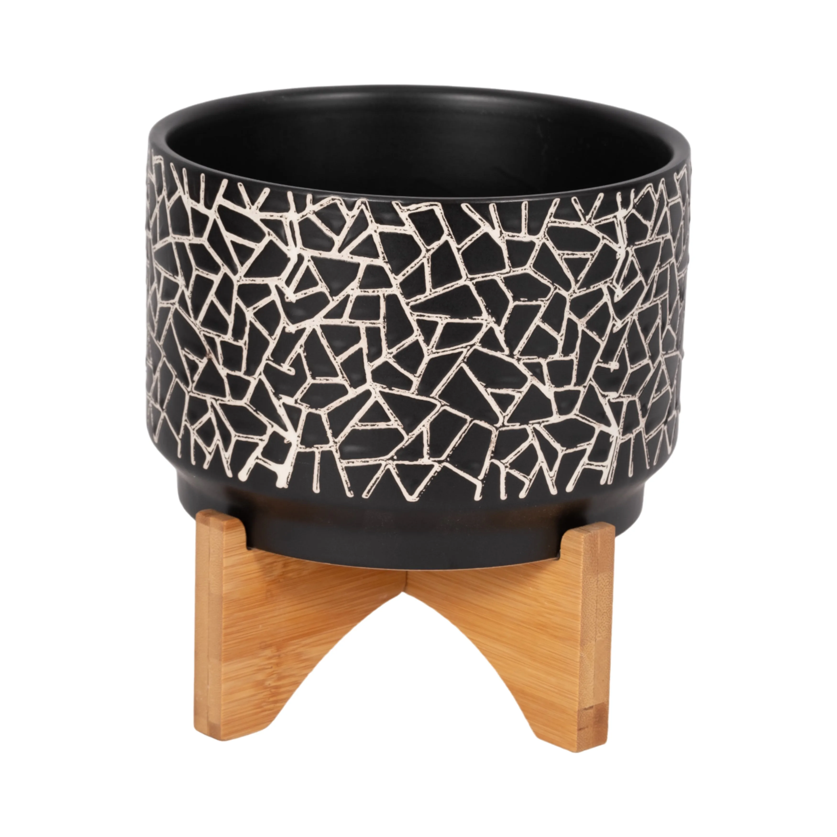 7" CRACKLED PLANTER W/ WOOD STAND, BLACK