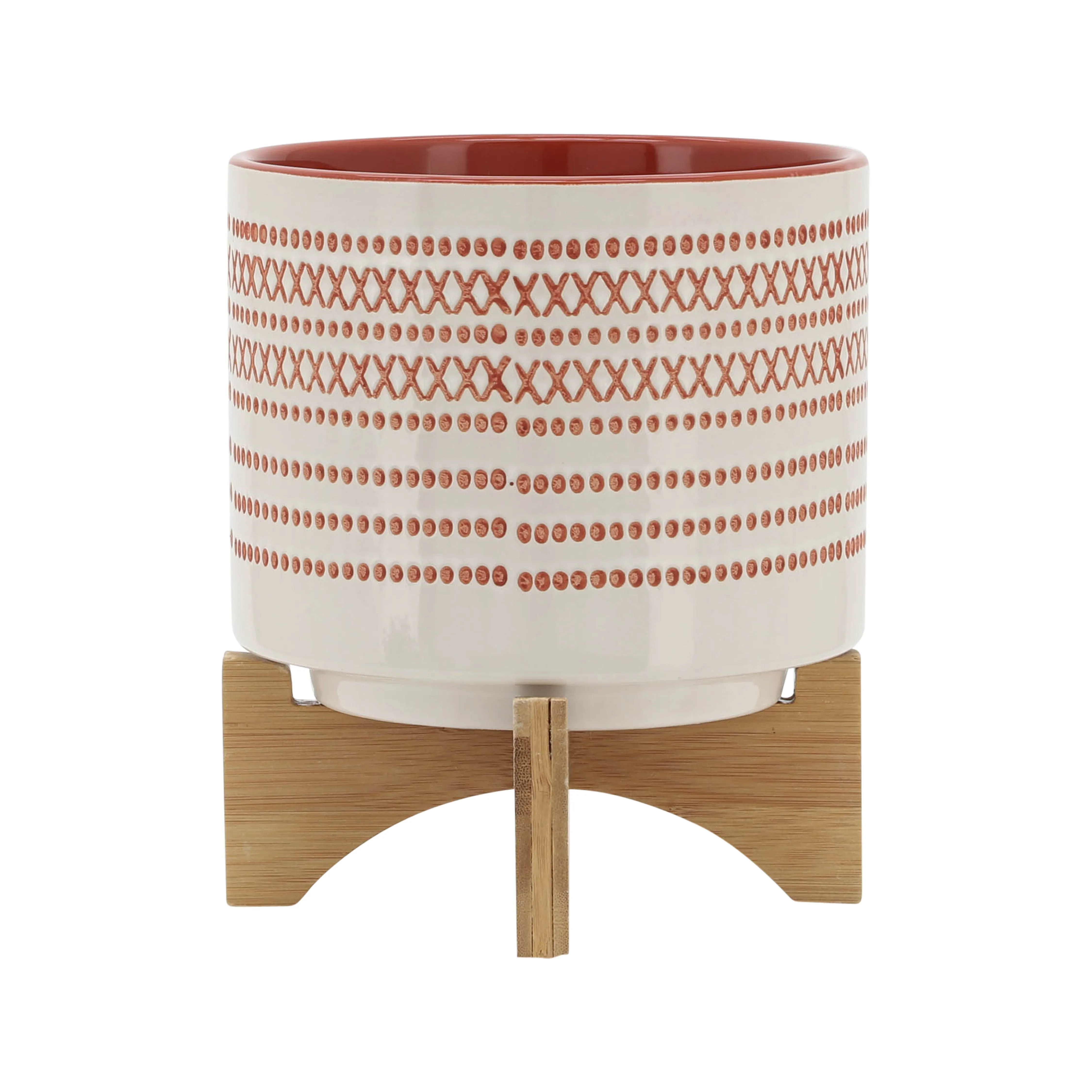 8" AZTEC PLANTER W/ WOOD STAND, ORANGE