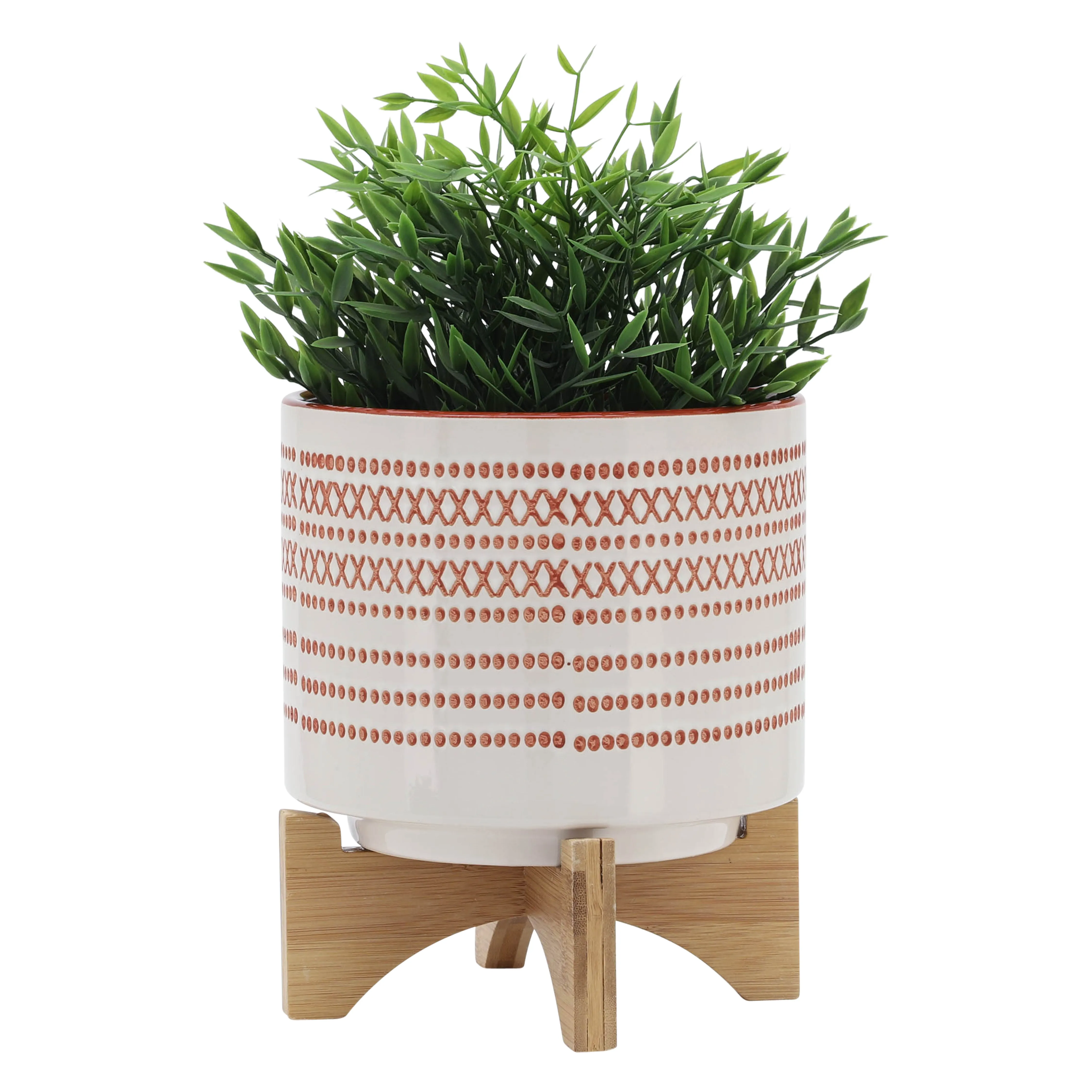 8" AZTEC PLANTER W/ WOOD STAND, ORANGE