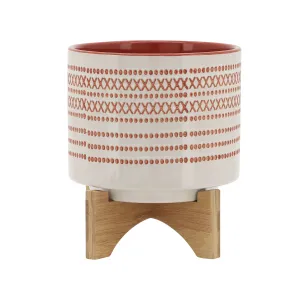 8" AZTEC PLANTER W/ WOOD STAND, ORANGE