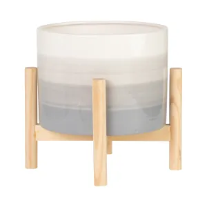 8" CERAMIC PLANTER W/ WOOD STAND, BEIGE MIX