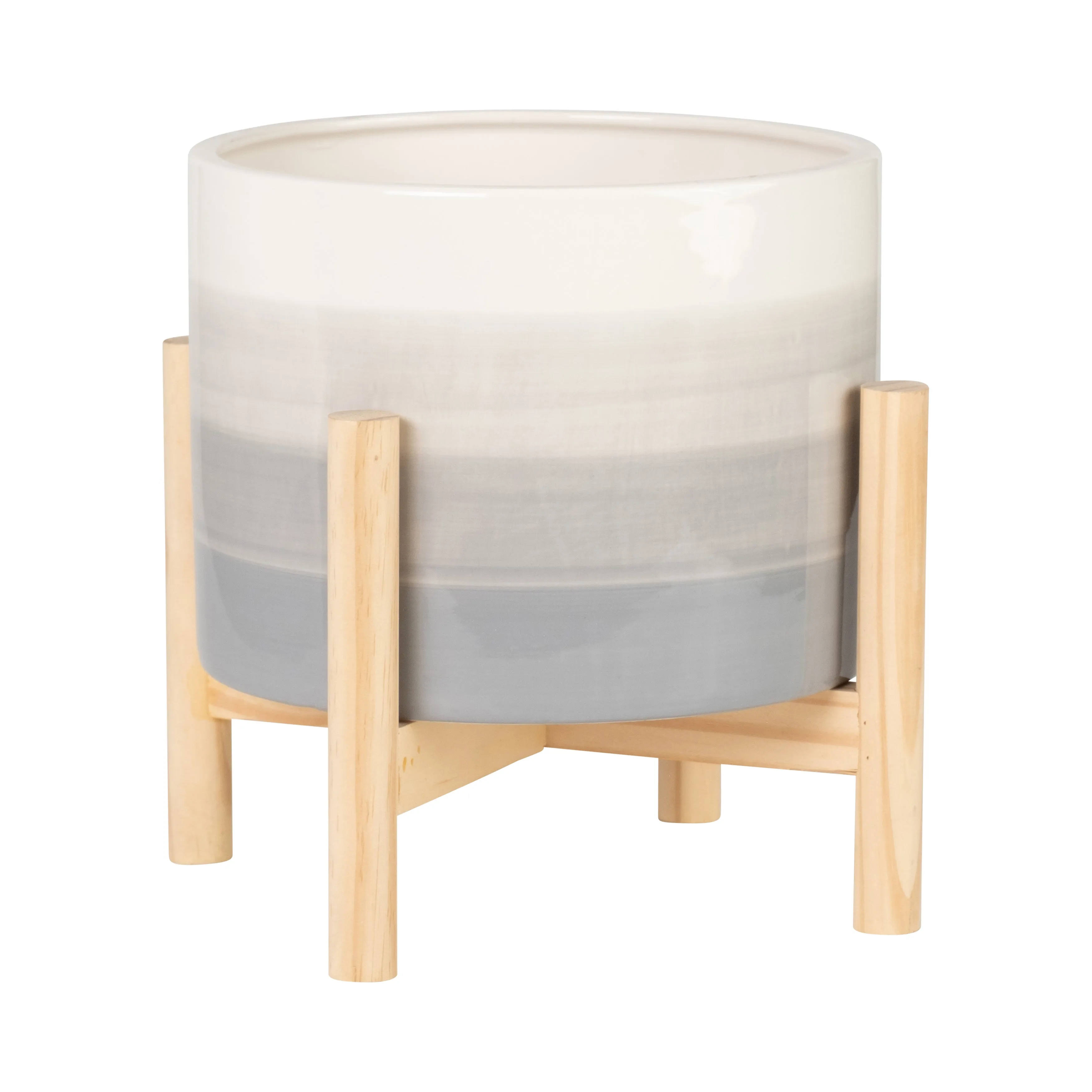 8" CERAMIC PLANTER W/ WOOD STAND, BEIGE MIX