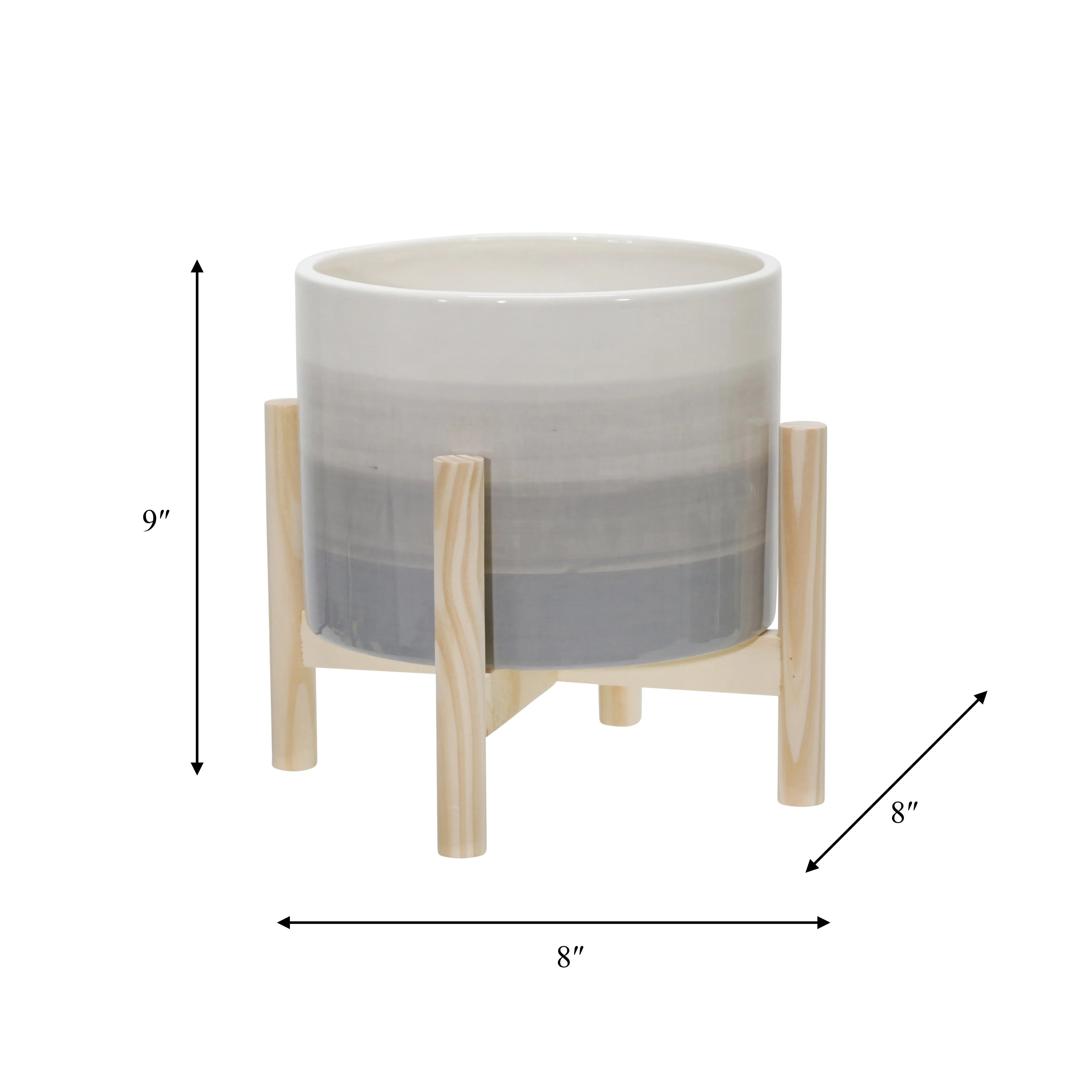 8" CERAMIC PLANTER W/ WOOD STAND, BEIGE MIX
