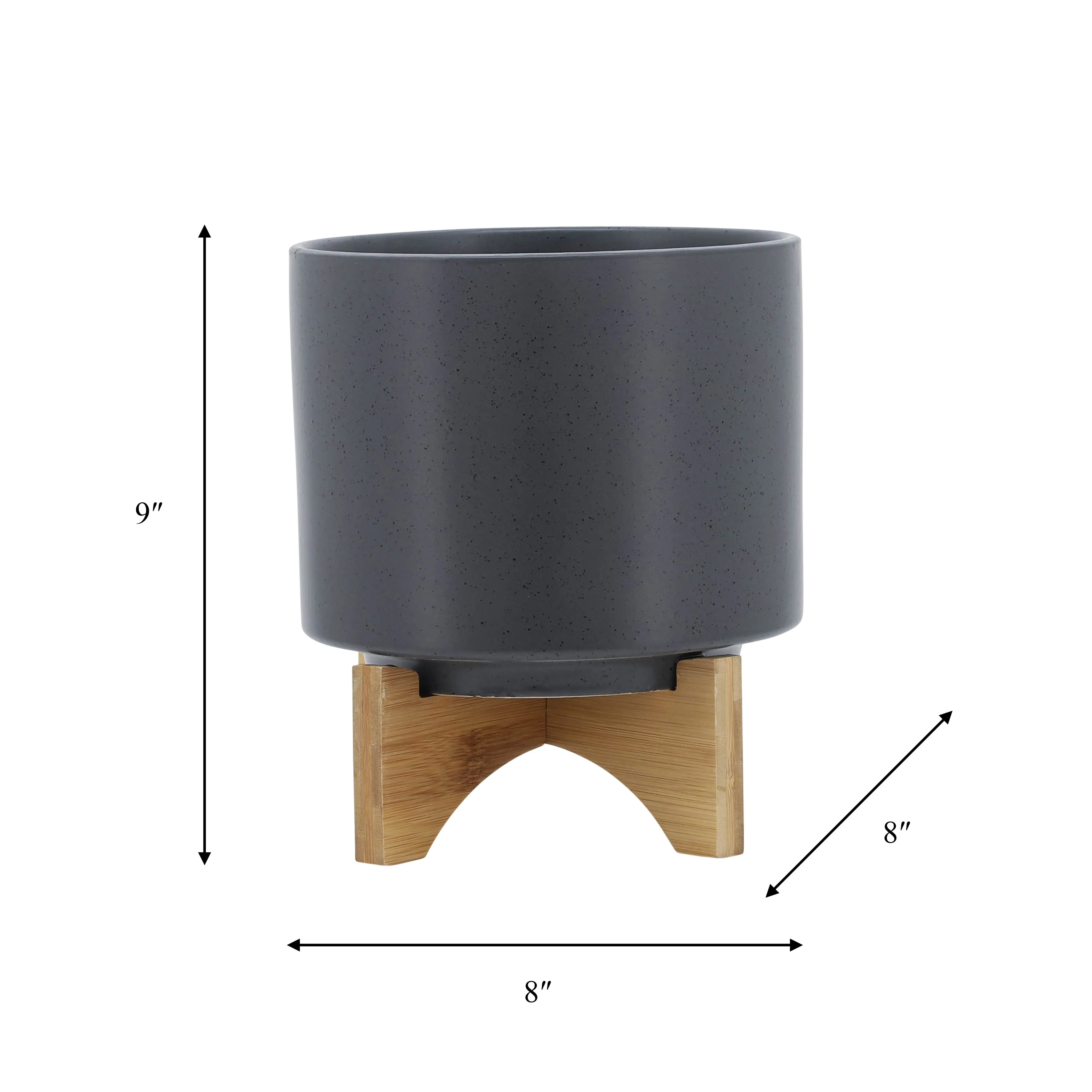 8" PLANTER W/ WOOD STAND, MATTE GRAY
