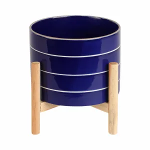 8" STRIPED PLANTER W/ WOOD STAND, NAVY