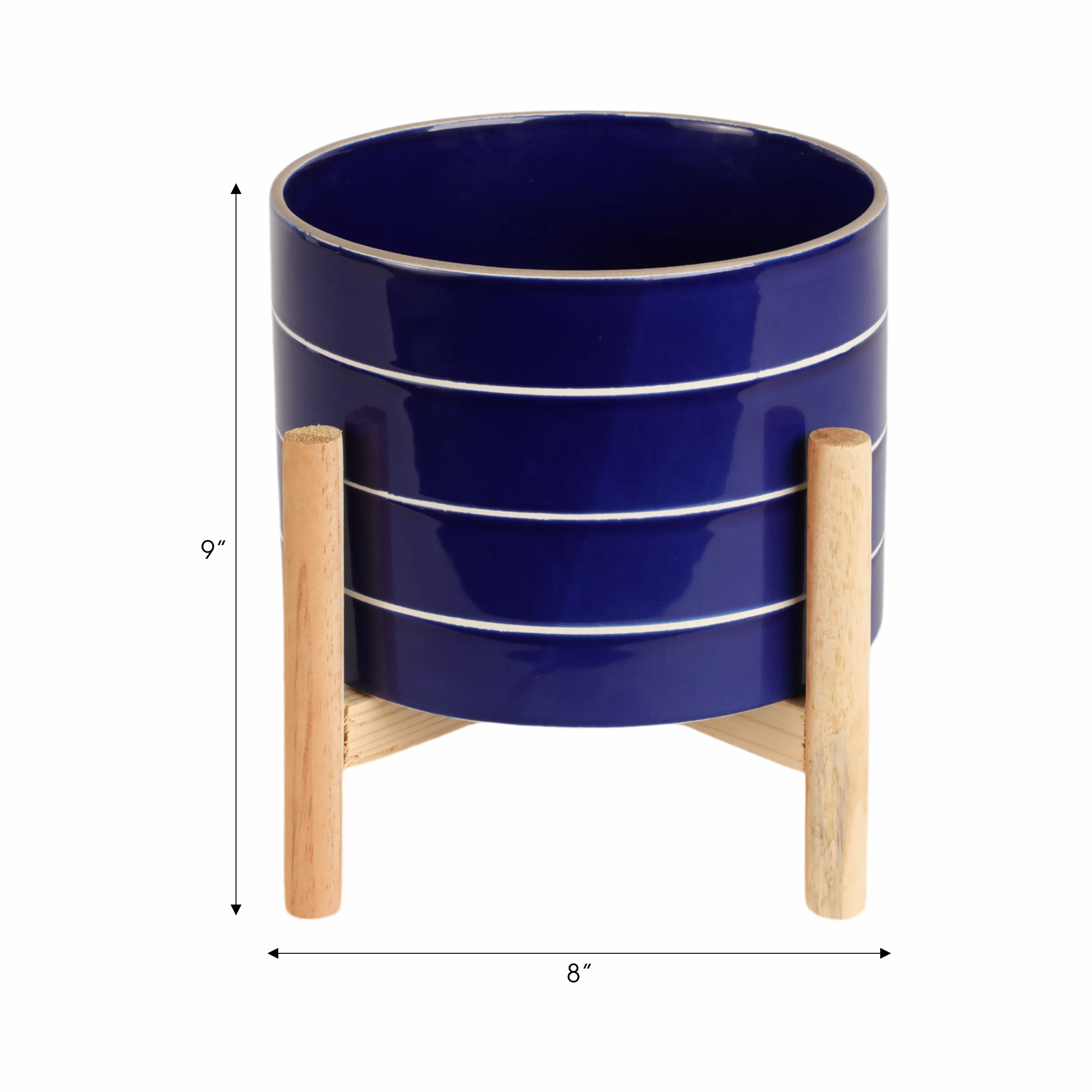 8" STRIPED PLANTER W/ WOOD STAND, NAVY