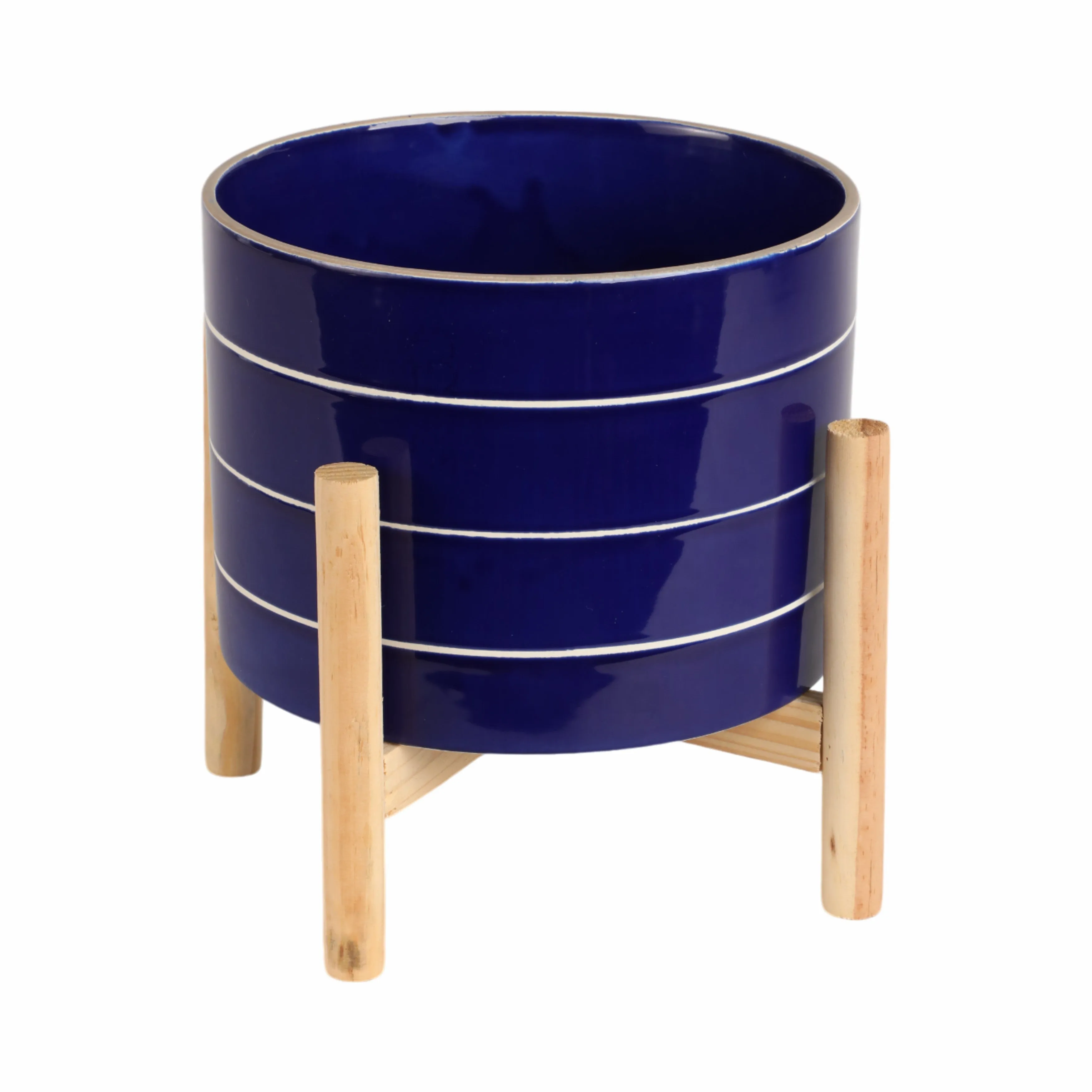 8" STRIPED PLANTER W/ WOOD STAND, NAVY
