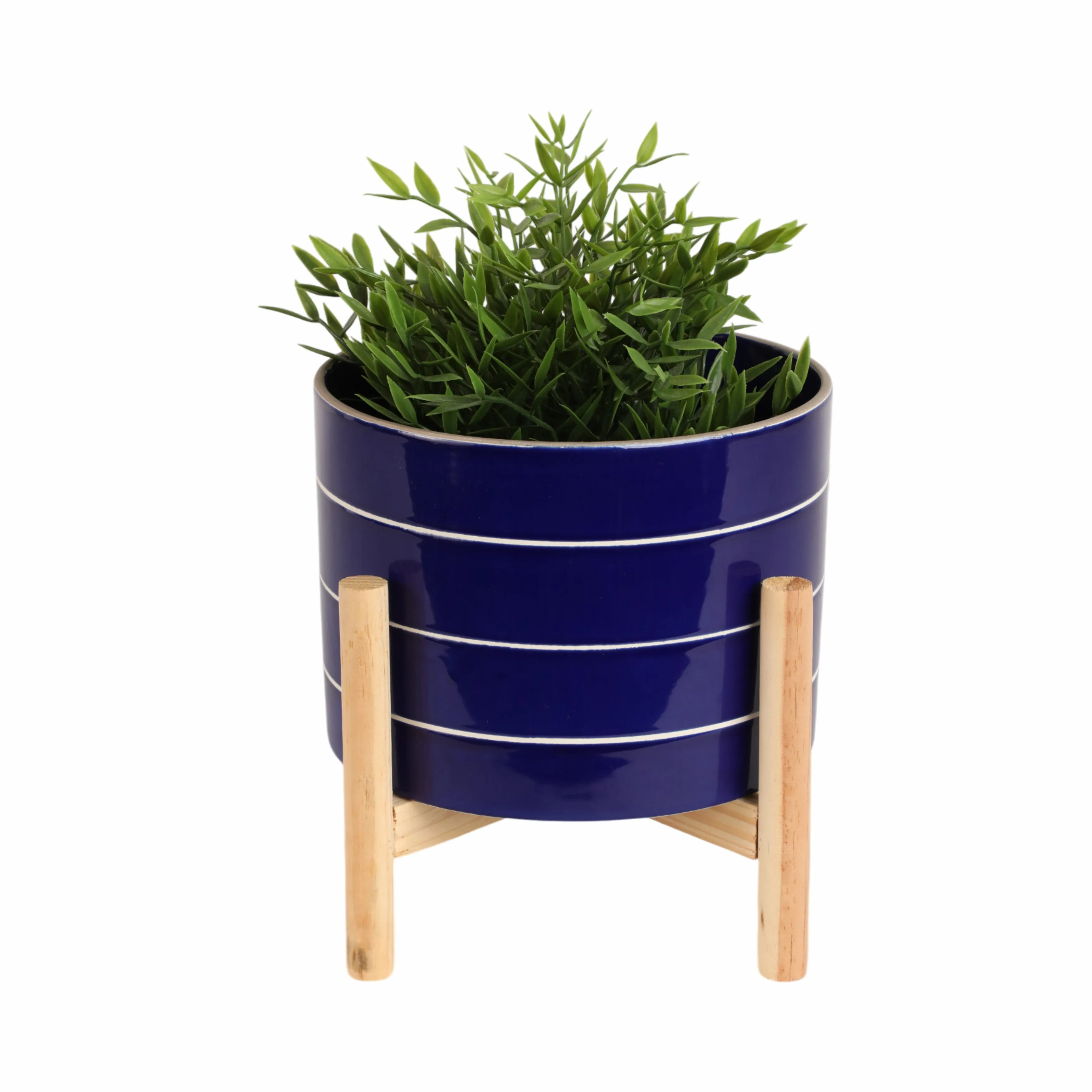 8" STRIPED PLANTER W/ WOOD STAND, NAVY
