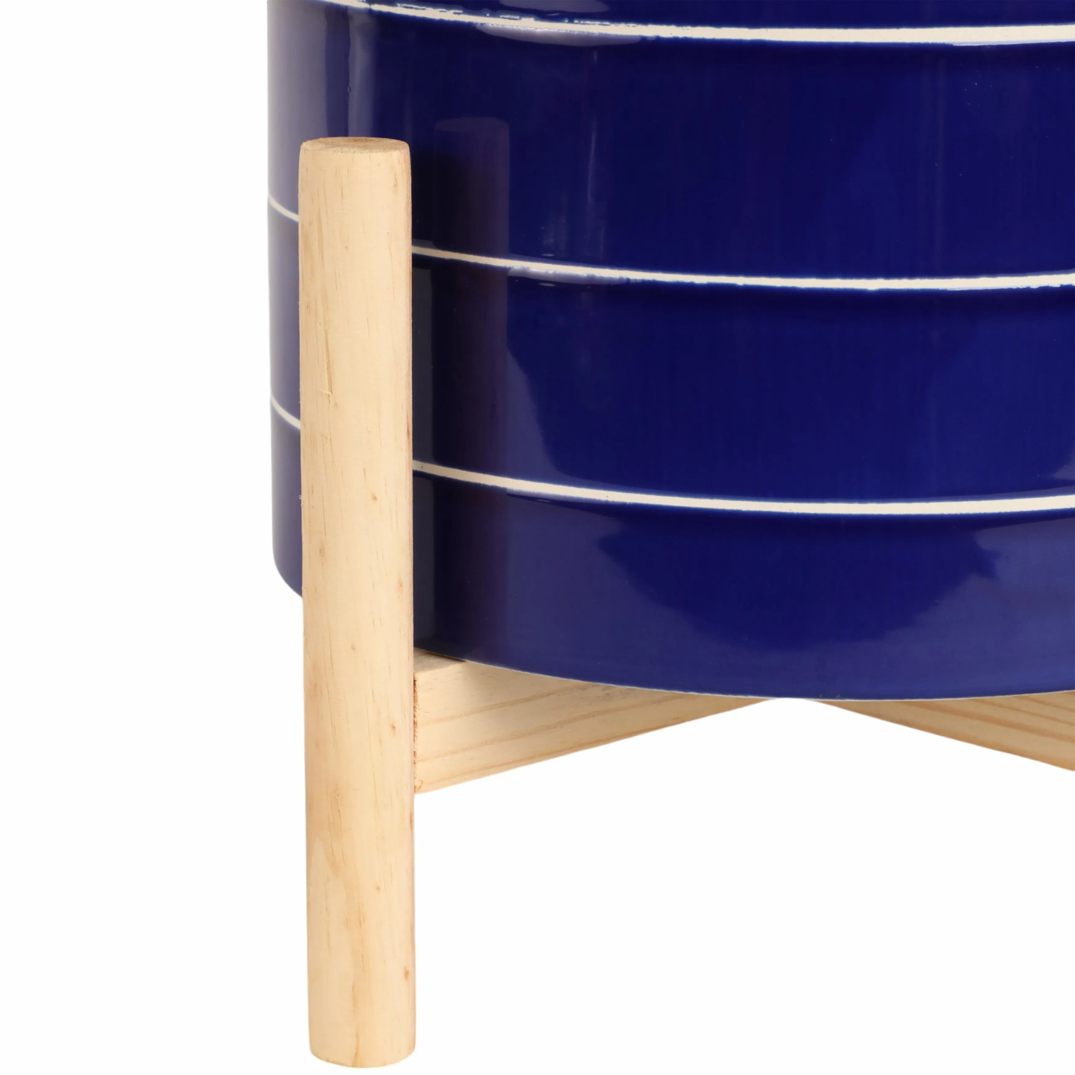 8" STRIPED PLANTER W/ WOOD STAND, NAVY