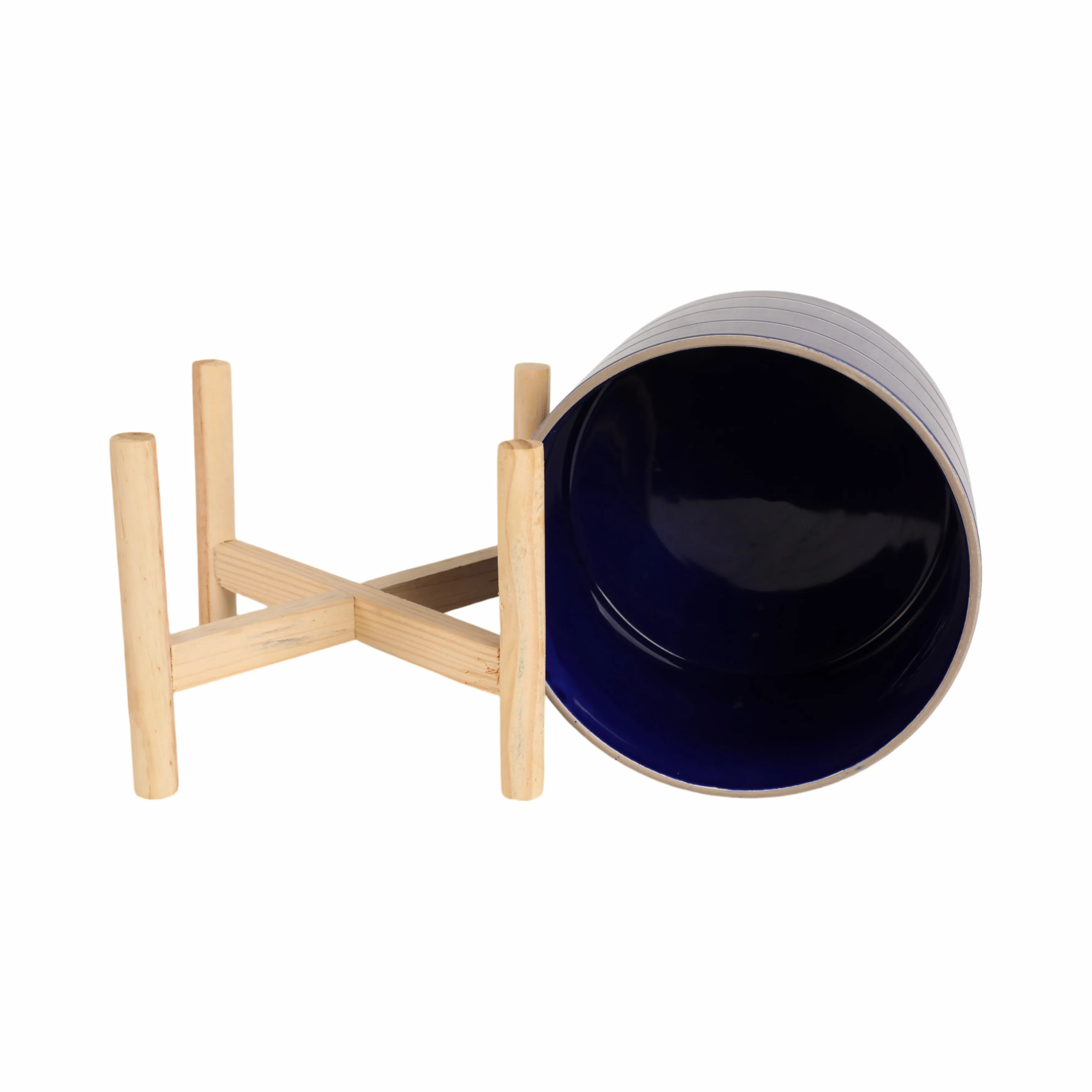 8" STRIPED PLANTER W/ WOOD STAND, NAVY