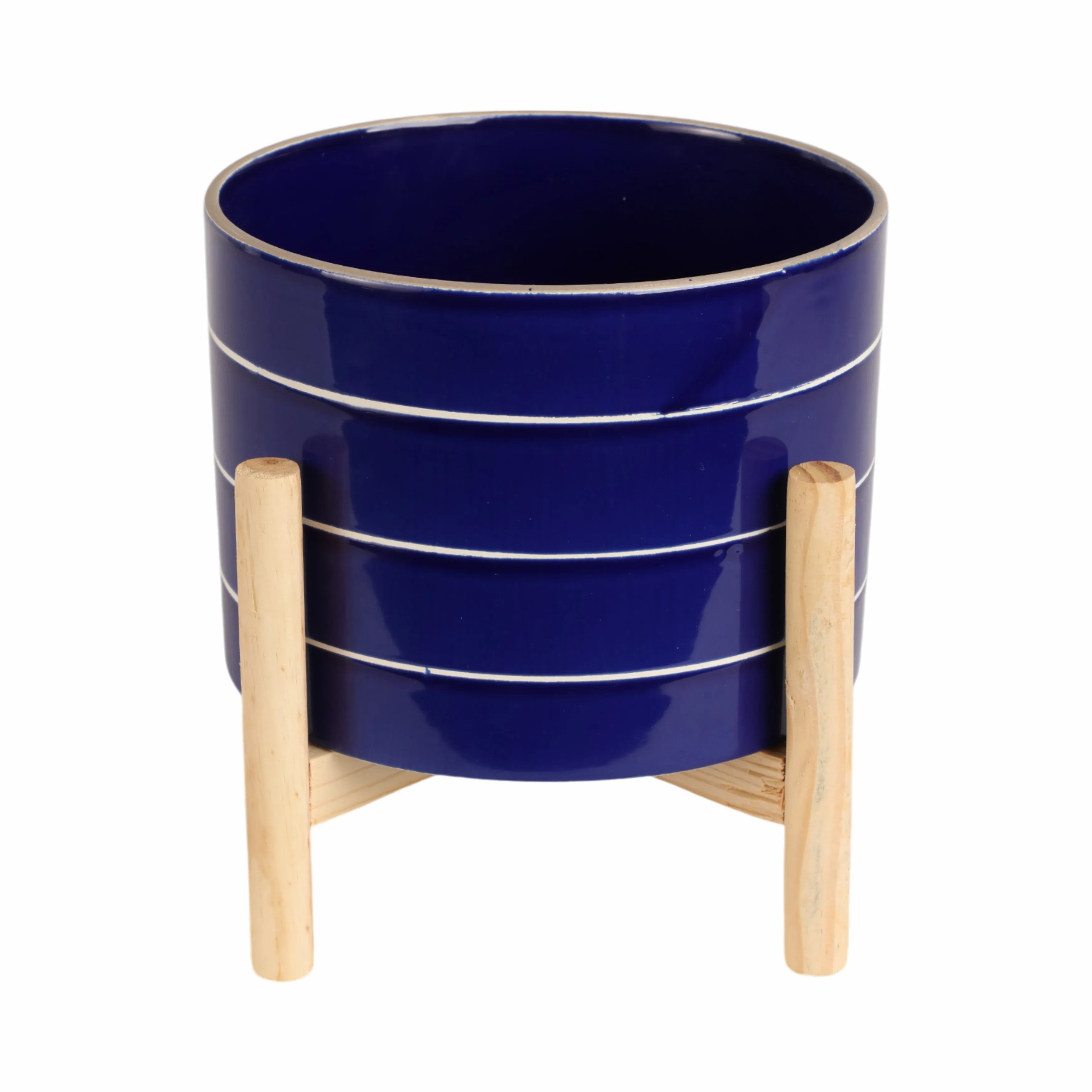 8" STRIPED PLANTER W/ WOOD STAND, NAVY
