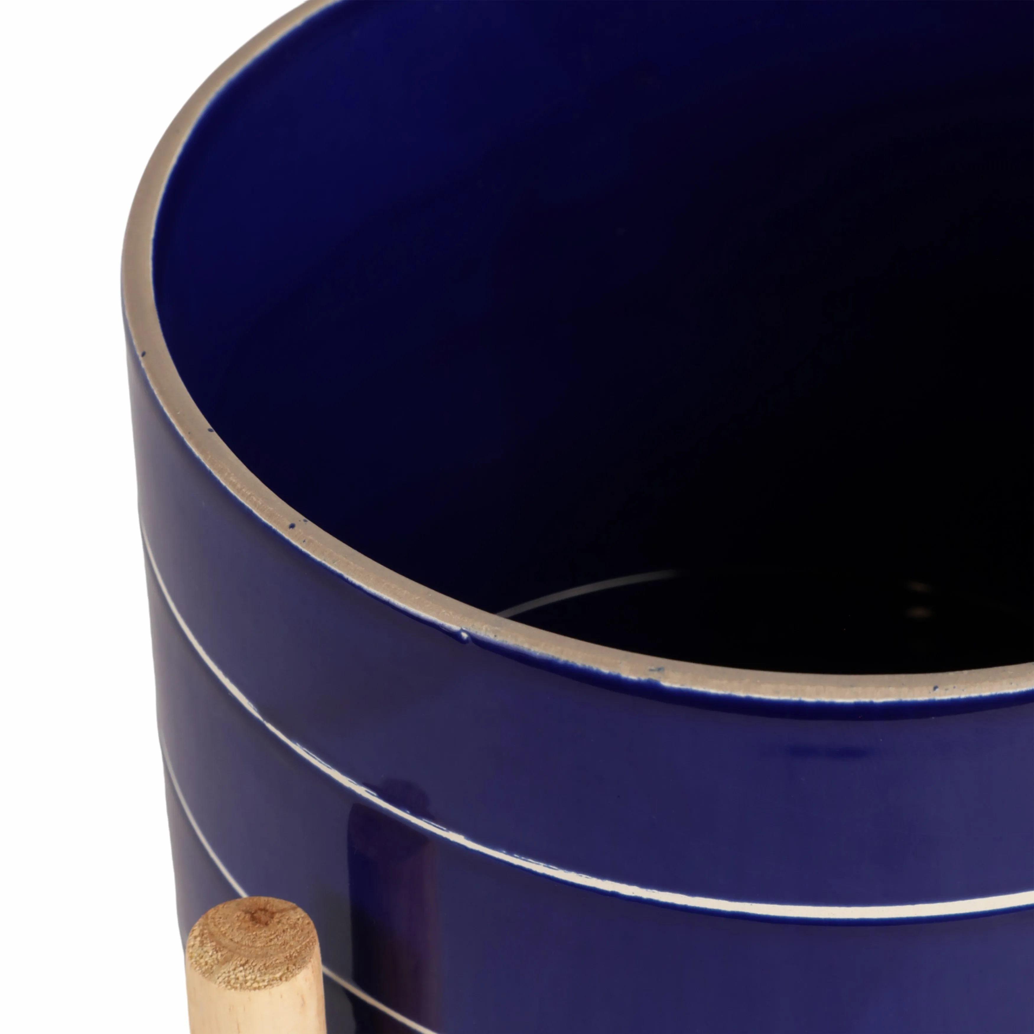 8" STRIPED PLANTER W/ WOOD STAND, NAVY