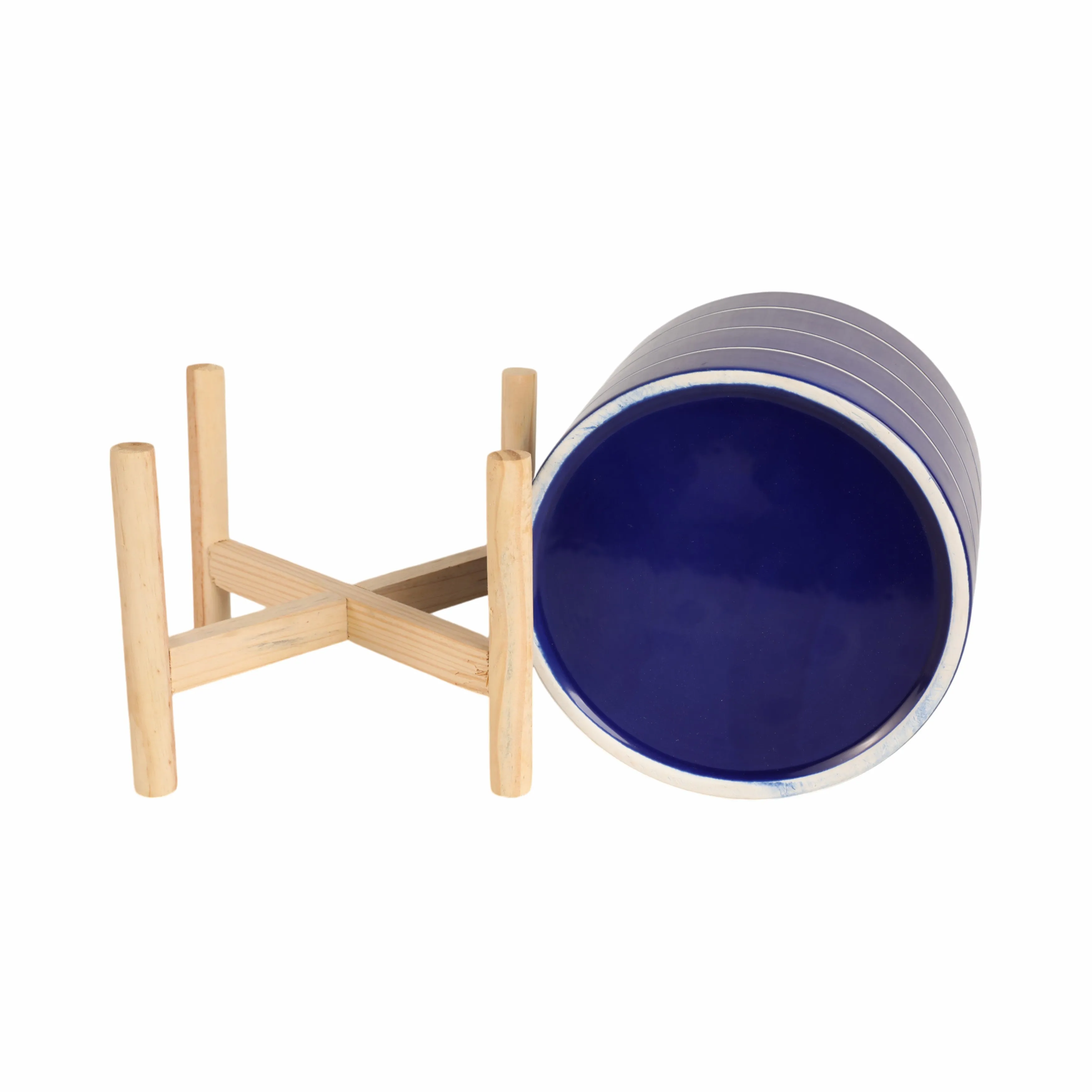 8" STRIPED PLANTER W/ WOOD STAND, NAVY