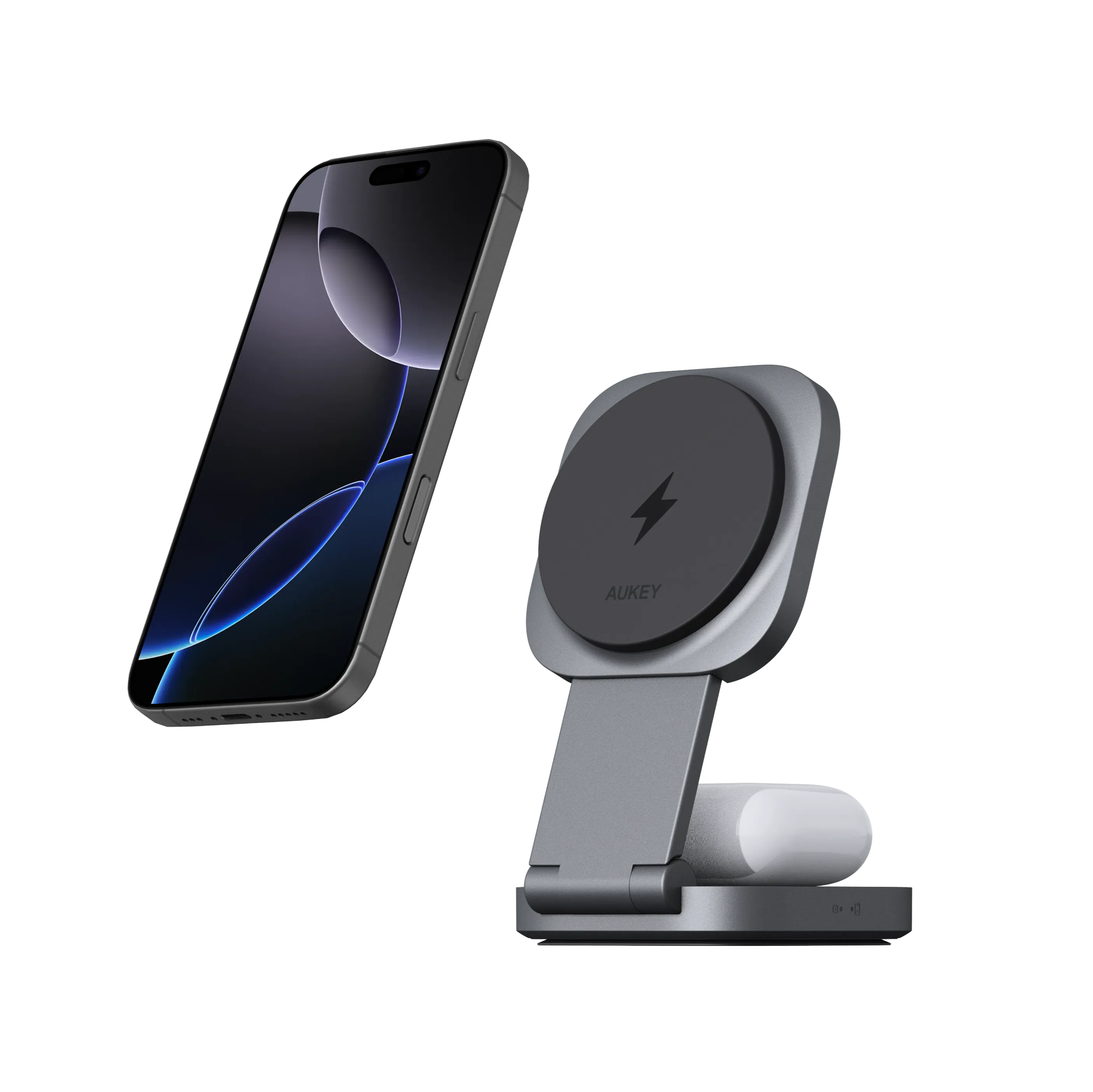 Aukey Lc-Mc211 Magfusion L 2-In-1 Foldable Qi2 Magnetic Fast Wireless Charging Station For Iphone & Airpods Smart Charging Reliable Charger