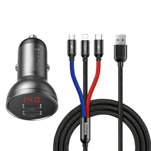 LED Indicator Baseus Digital Display Dual Usb 4.8A Car Charger 24W With 3-In-1 Data Cable (Tzccbx-0G)